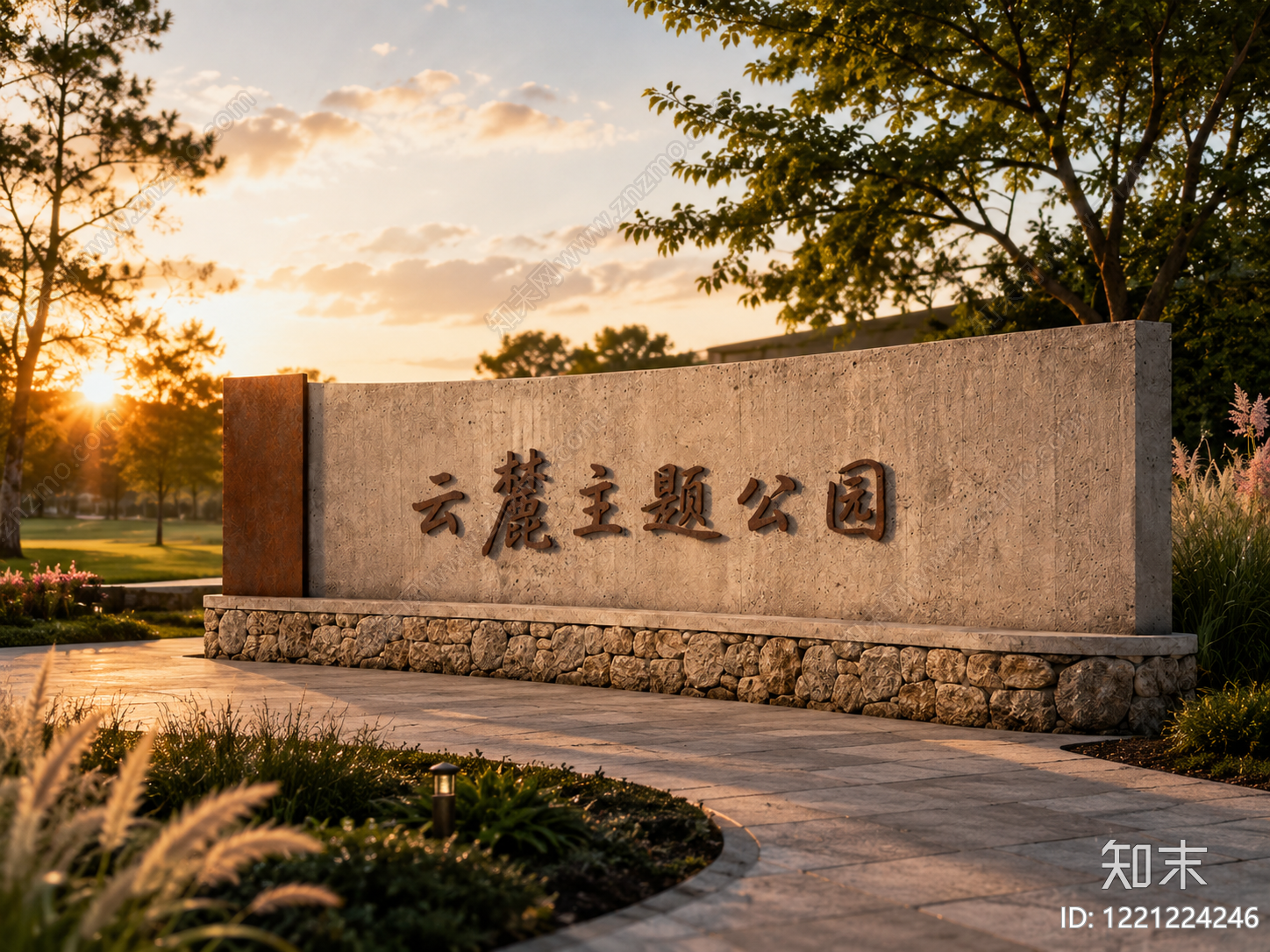新中式景观公园景观3D模型渲染效果图