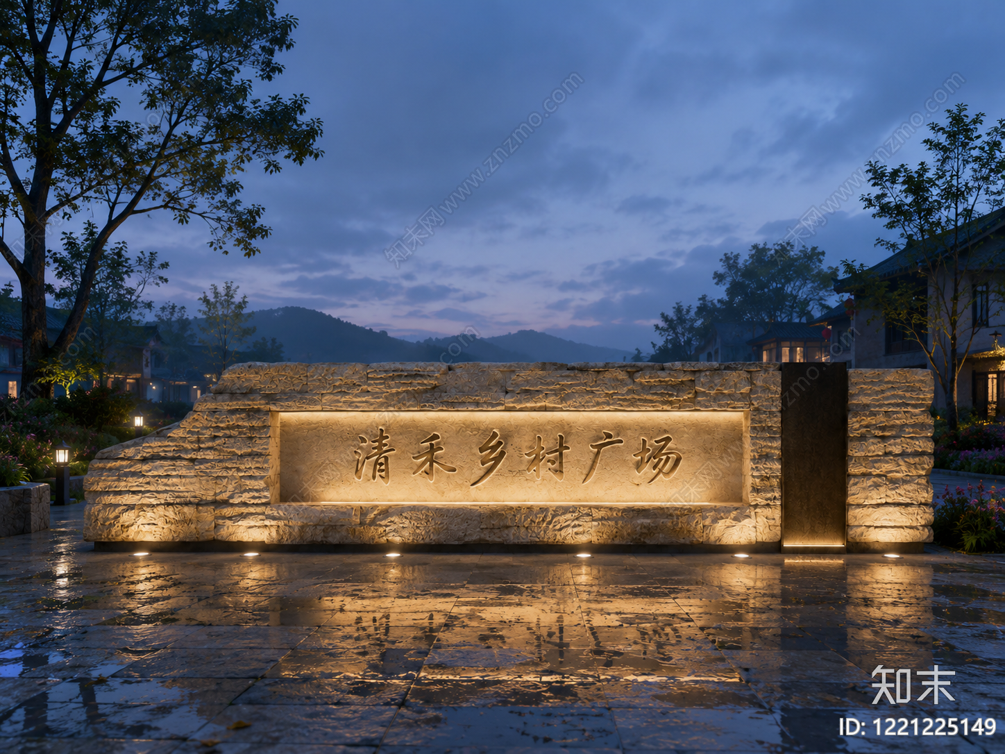 新中式景观床头背景墙3D模型渲染效果图