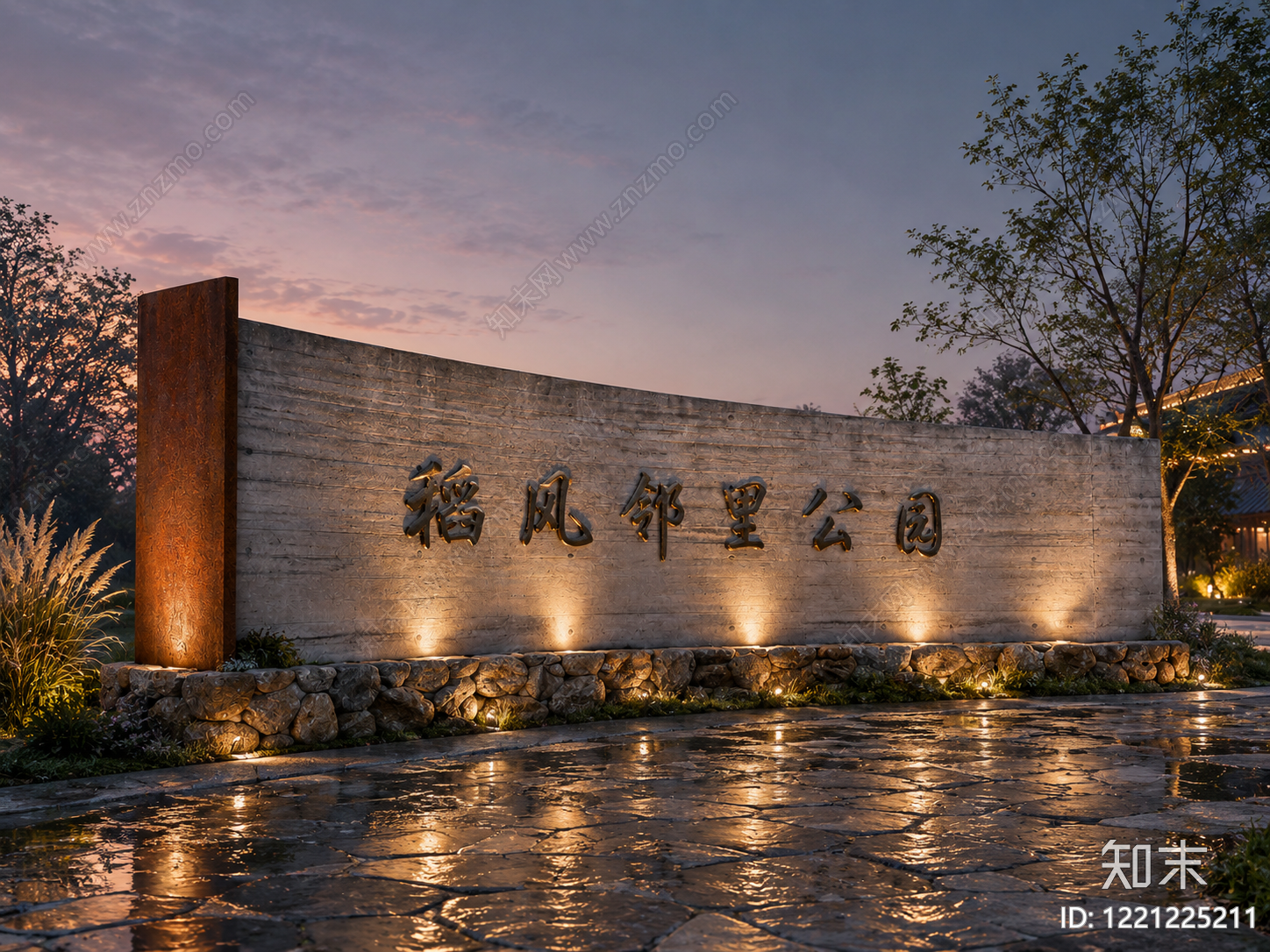 新中式景观床头背景墙3D模型渲染效果图