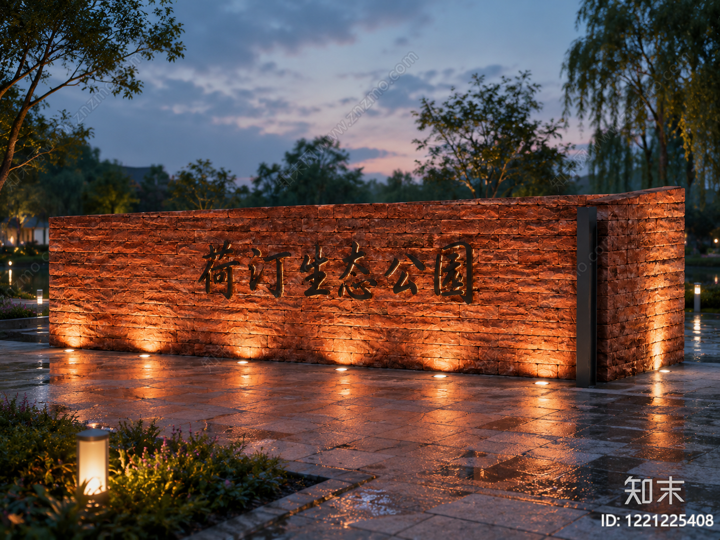 新中式景观床头背景墙3D模型渲染效果图