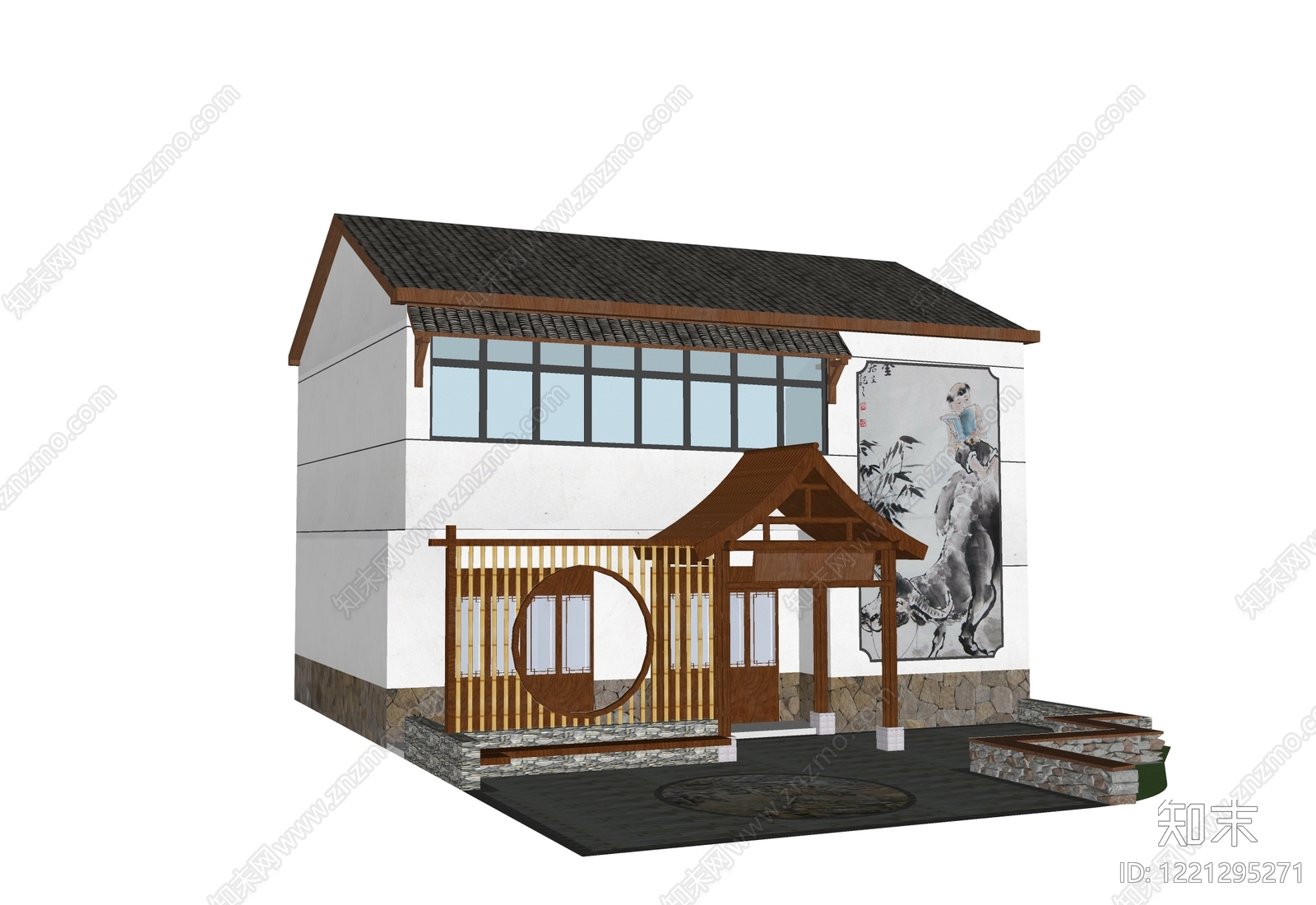 新中式民宿建筑SU模型下载【ID:1221295271】