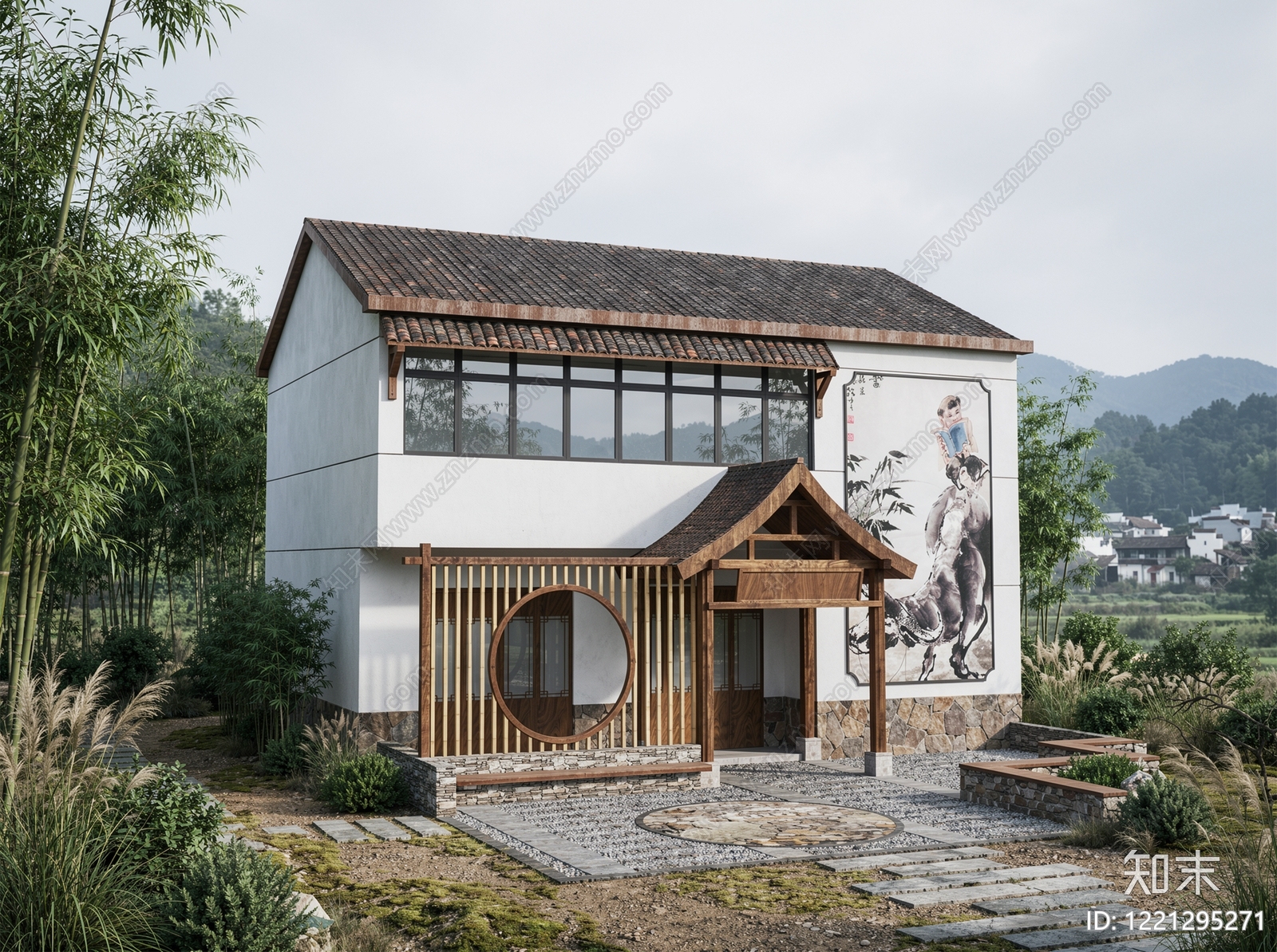 新中式民宿建筑SU模型下载【ID:1221295271】