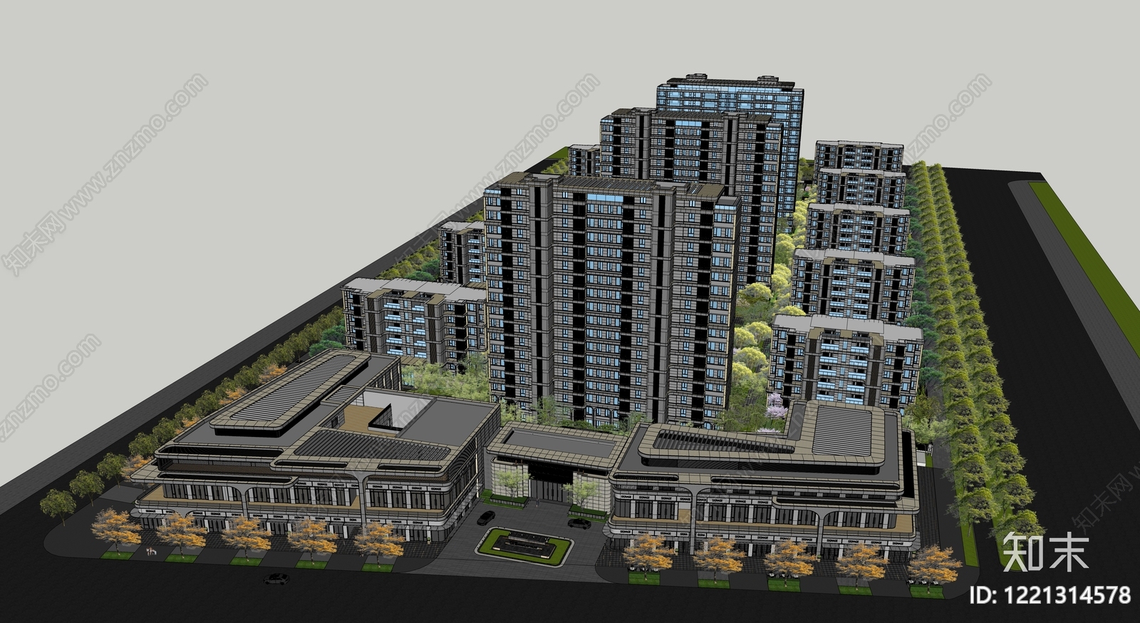 新中式小区建筑SU模型下载【ID:1221314578】