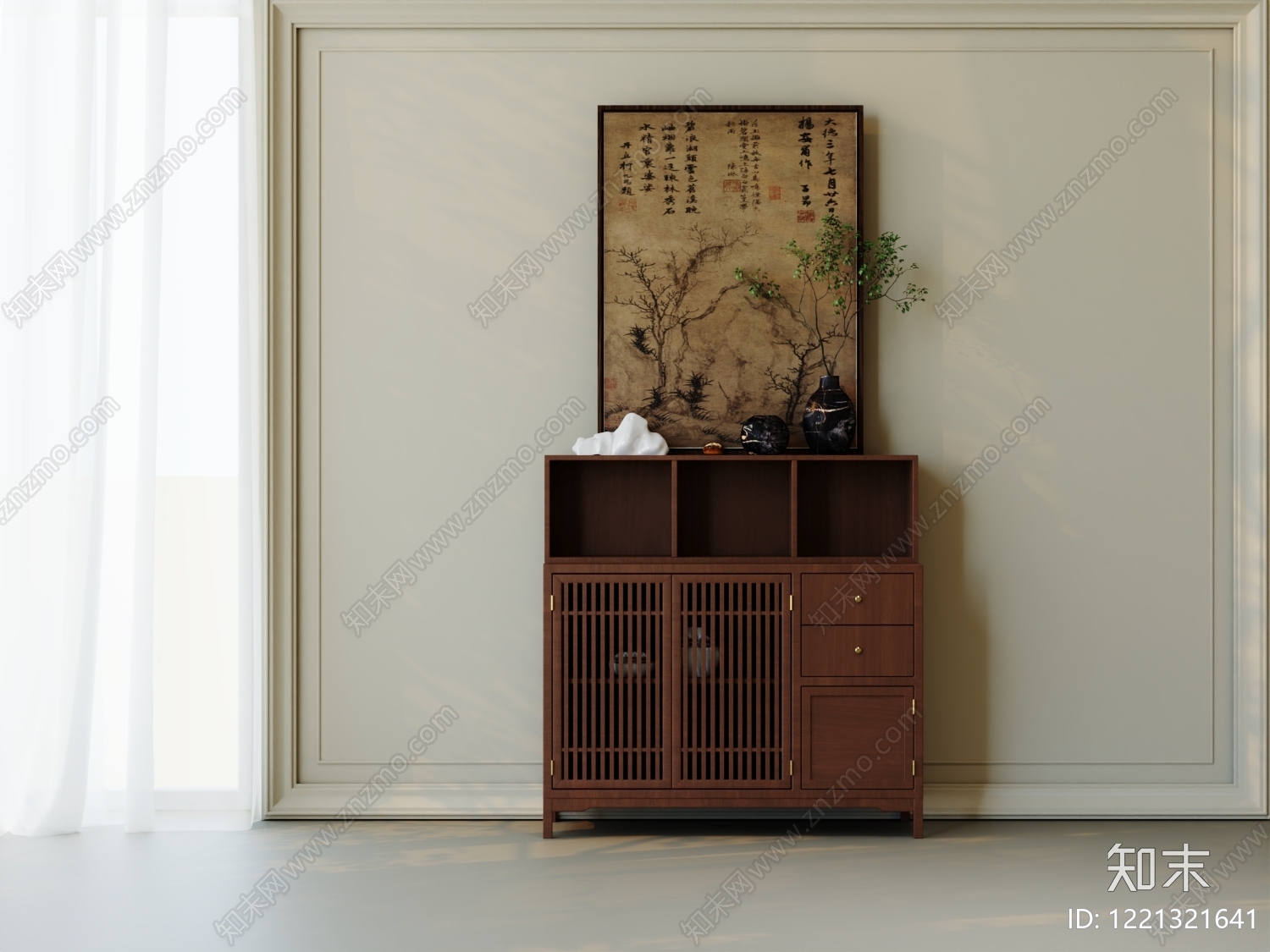 新中式餐边柜SU模型下载【ID:1221321641】