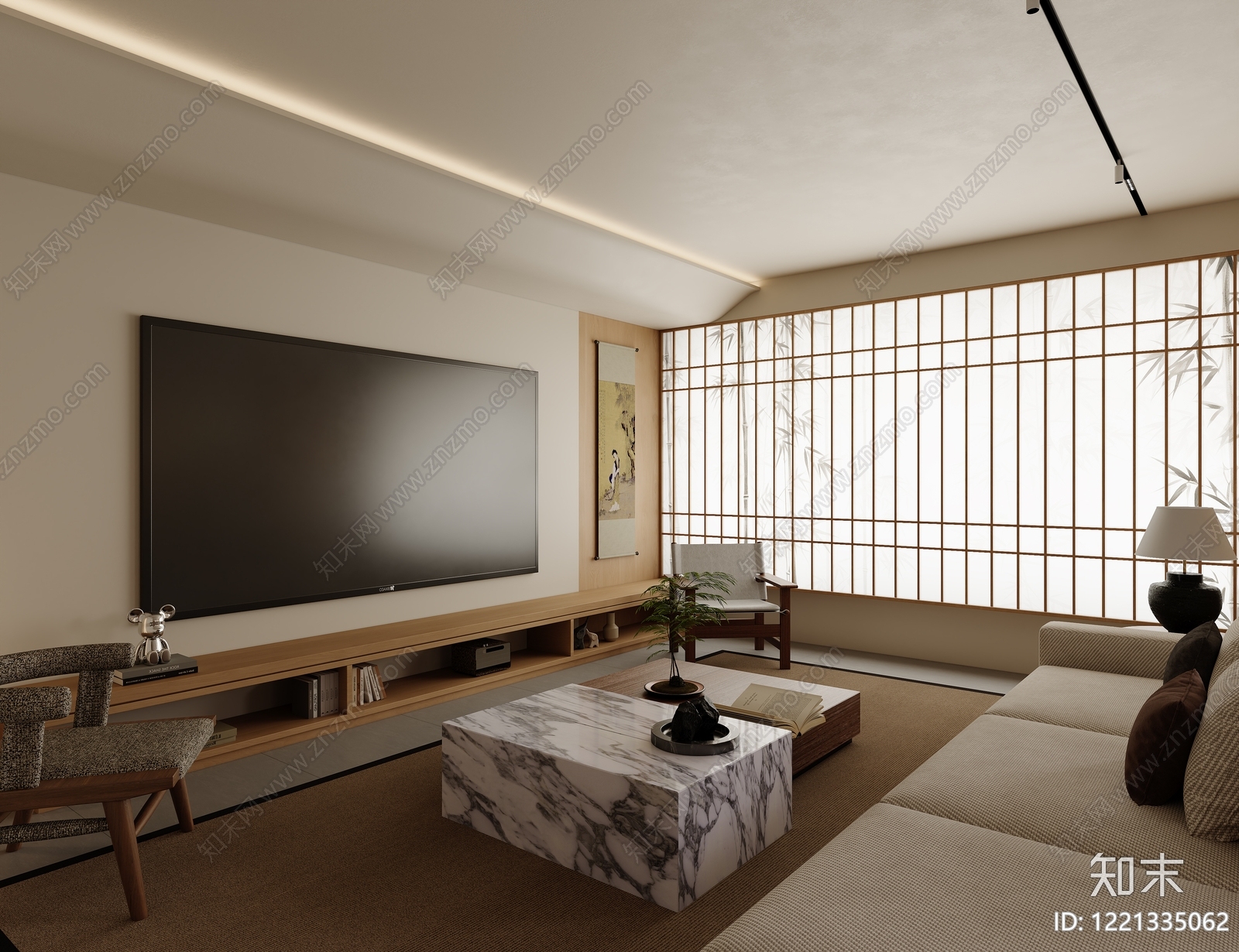 日式家居客厅3D模型渲染效果图