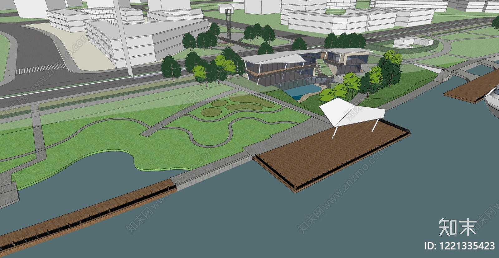 现代主义滨水景观SU模型下载【ID:1221335423】