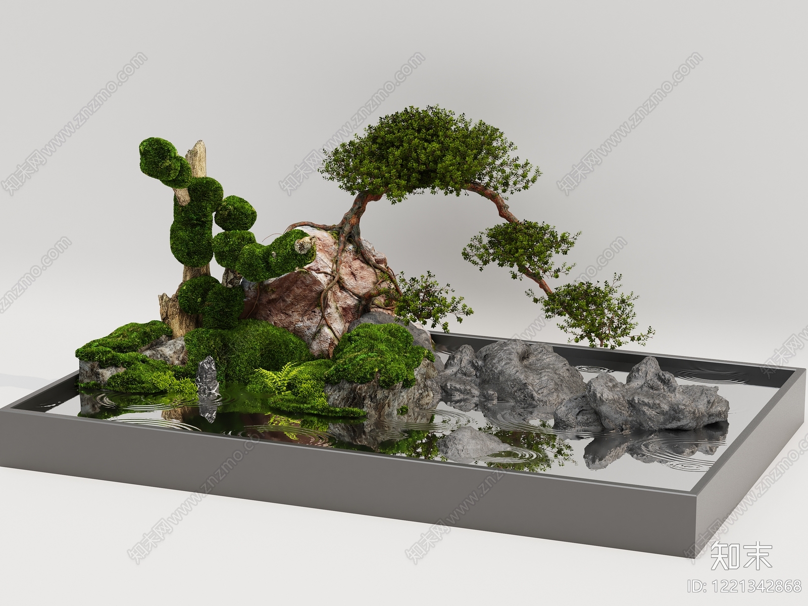 新中式景观绿植摆件3D模型渲染效果图