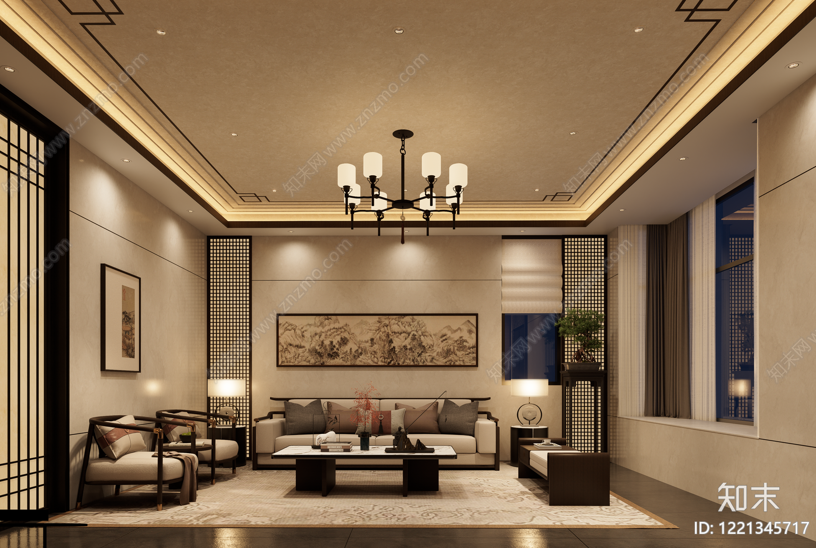 新中式别墅客厅SU模型下载【ID:1221345717】