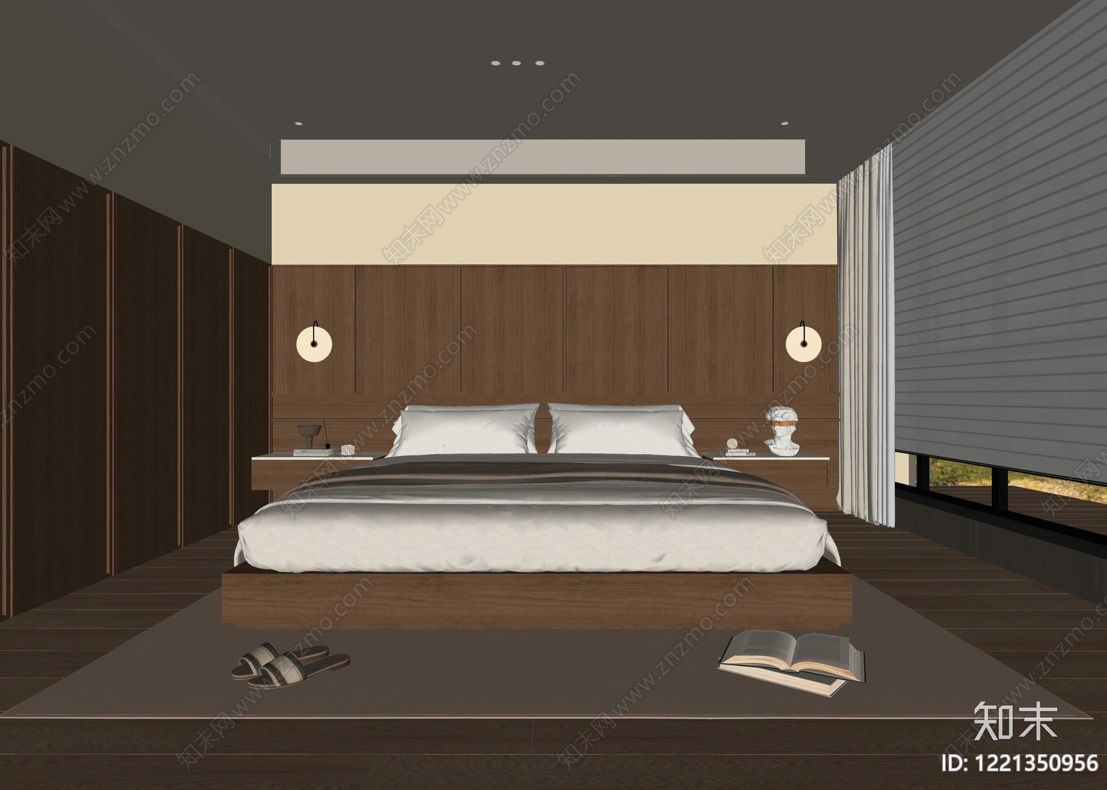 原木风主卧SU模型下载【ID:1221350956】