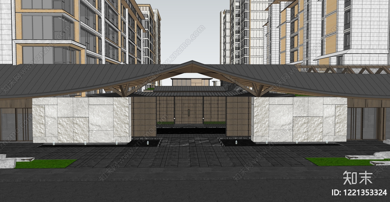 新中式小区建筑SU模型下载【ID:1221353324】
