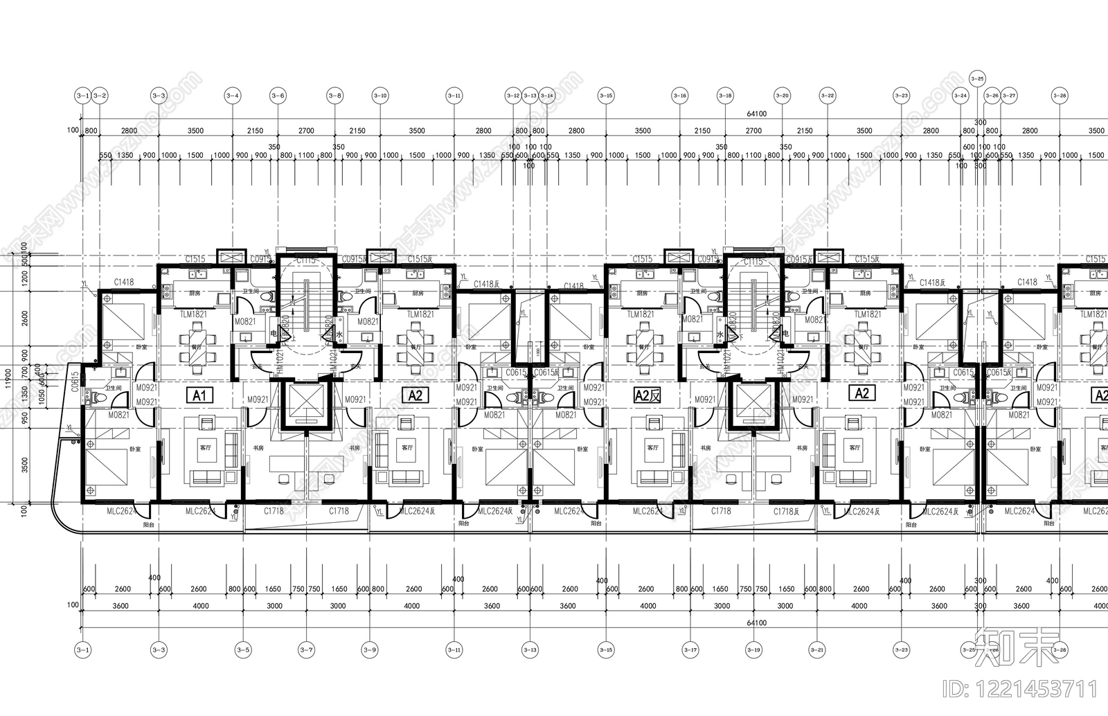 住宅楼建筑cad施工图下载【ID:1221453711】