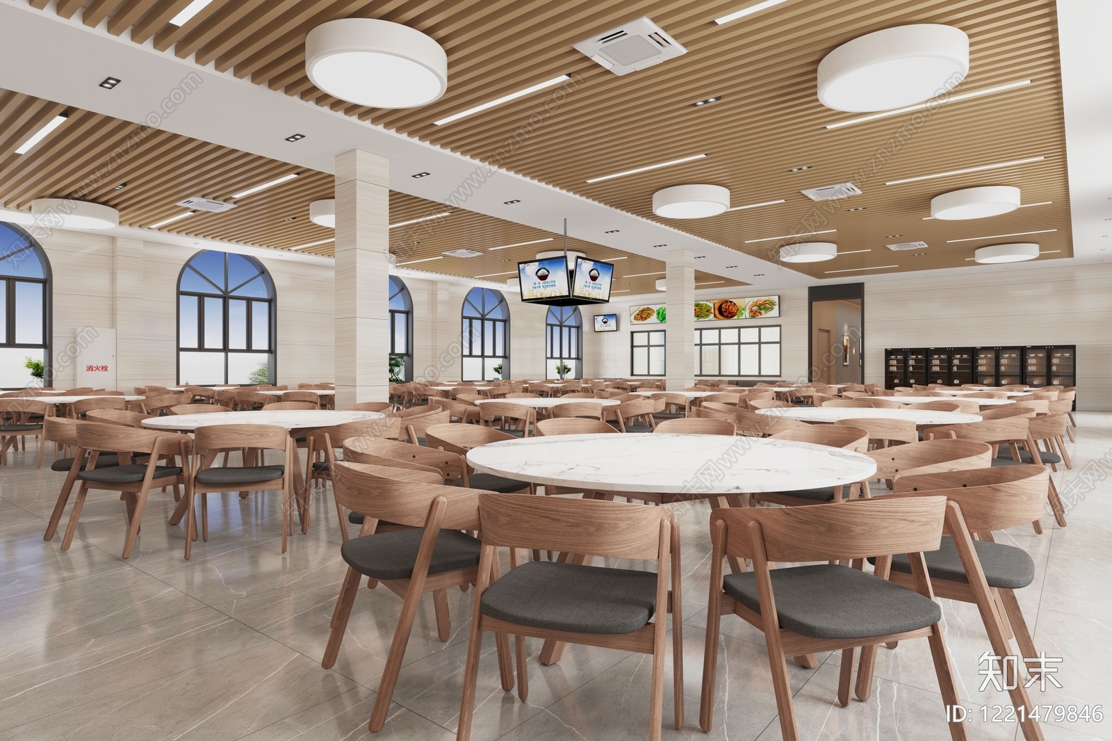 现代简约学生食堂3D模型渲染效果图