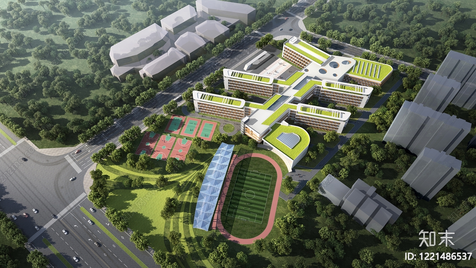 现代主义学校外观3D模型渲染效果图