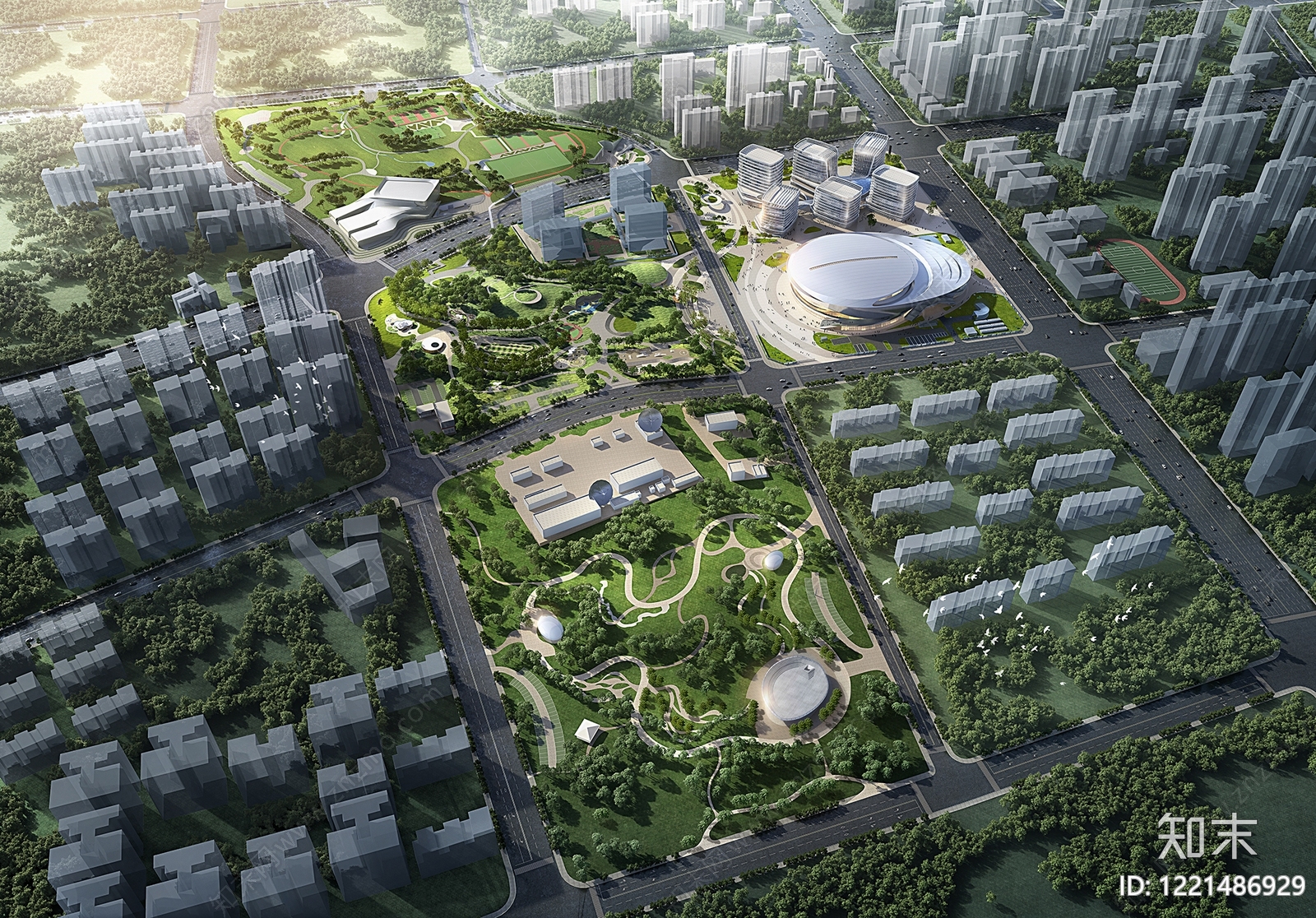 现代主义鸟瞰规划3D模型渲染效果图