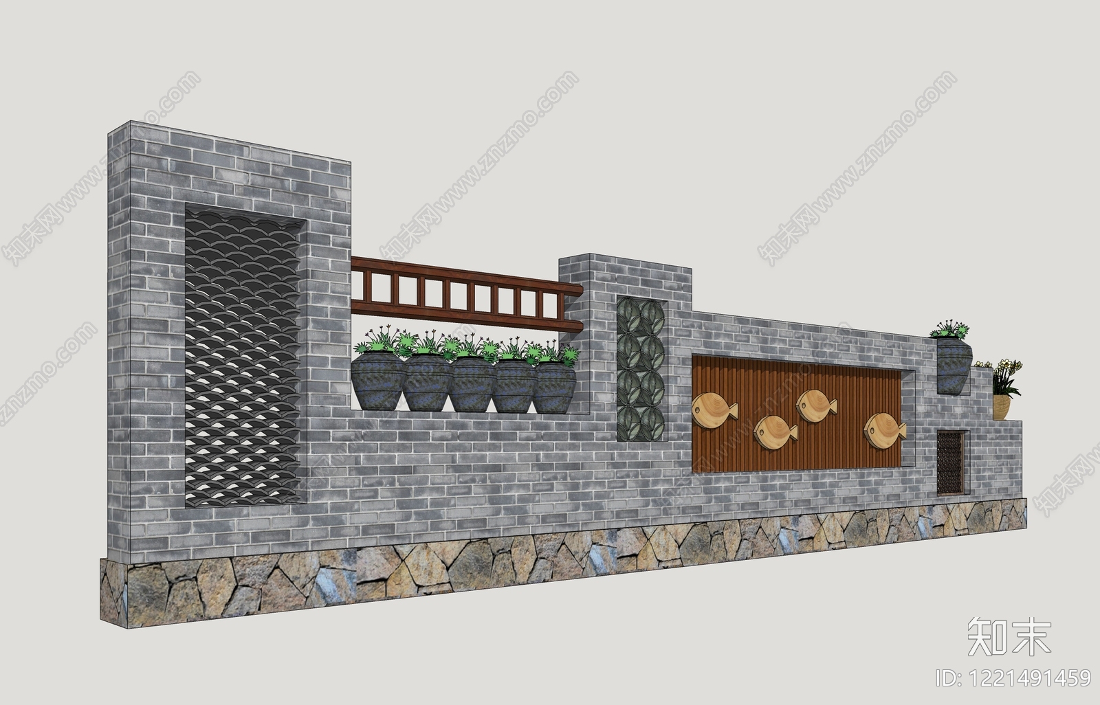 新中式景观景墙SU模型下载【ID:1221491459】