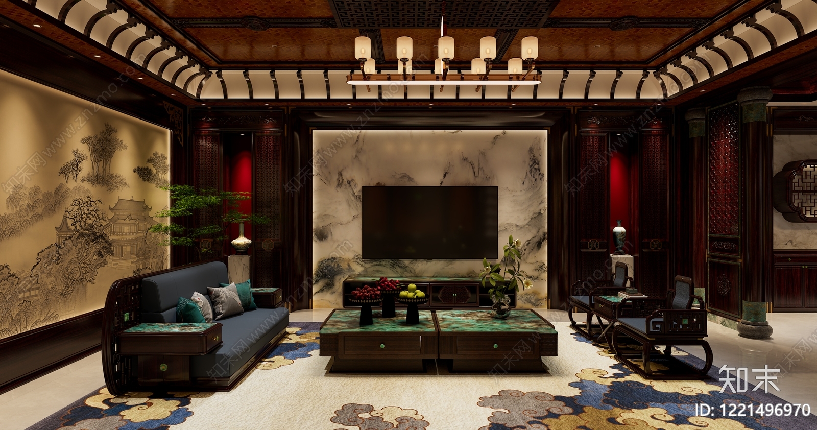 新中式别墅客厅3D模型下载【ID:1221496970】