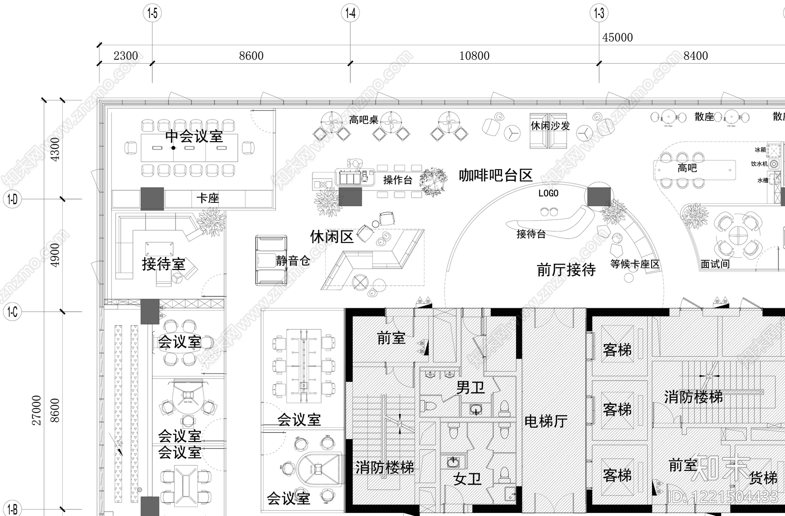 整体办公空间cad施工图下载【ID:1221504433】