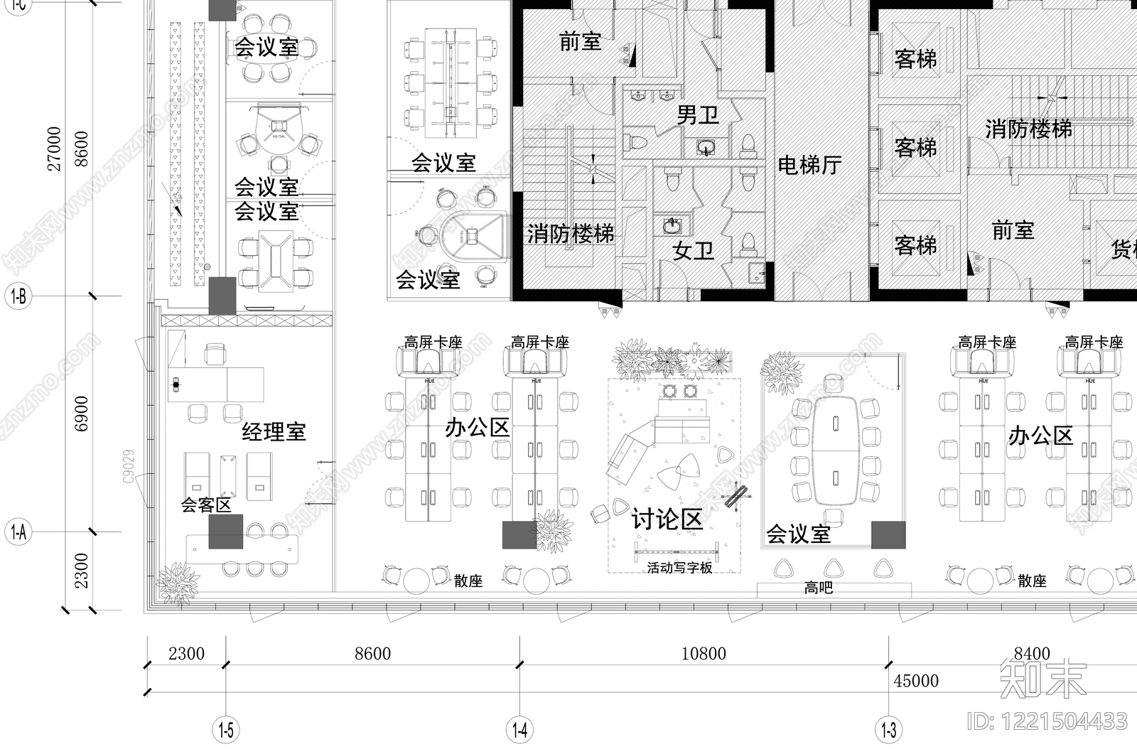 整体办公空间cad施工图下载【ID:1221504433】