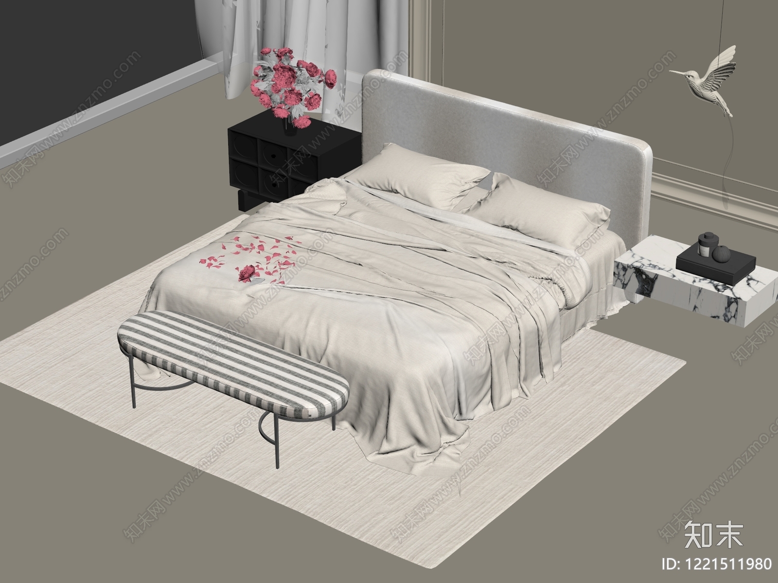 奶油风双人床3D模型下载【ID:1221511980】