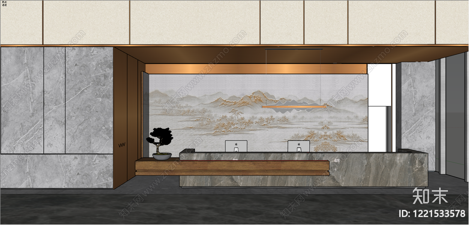 新中式酒店大堂SU模型下载【ID:1221533578】