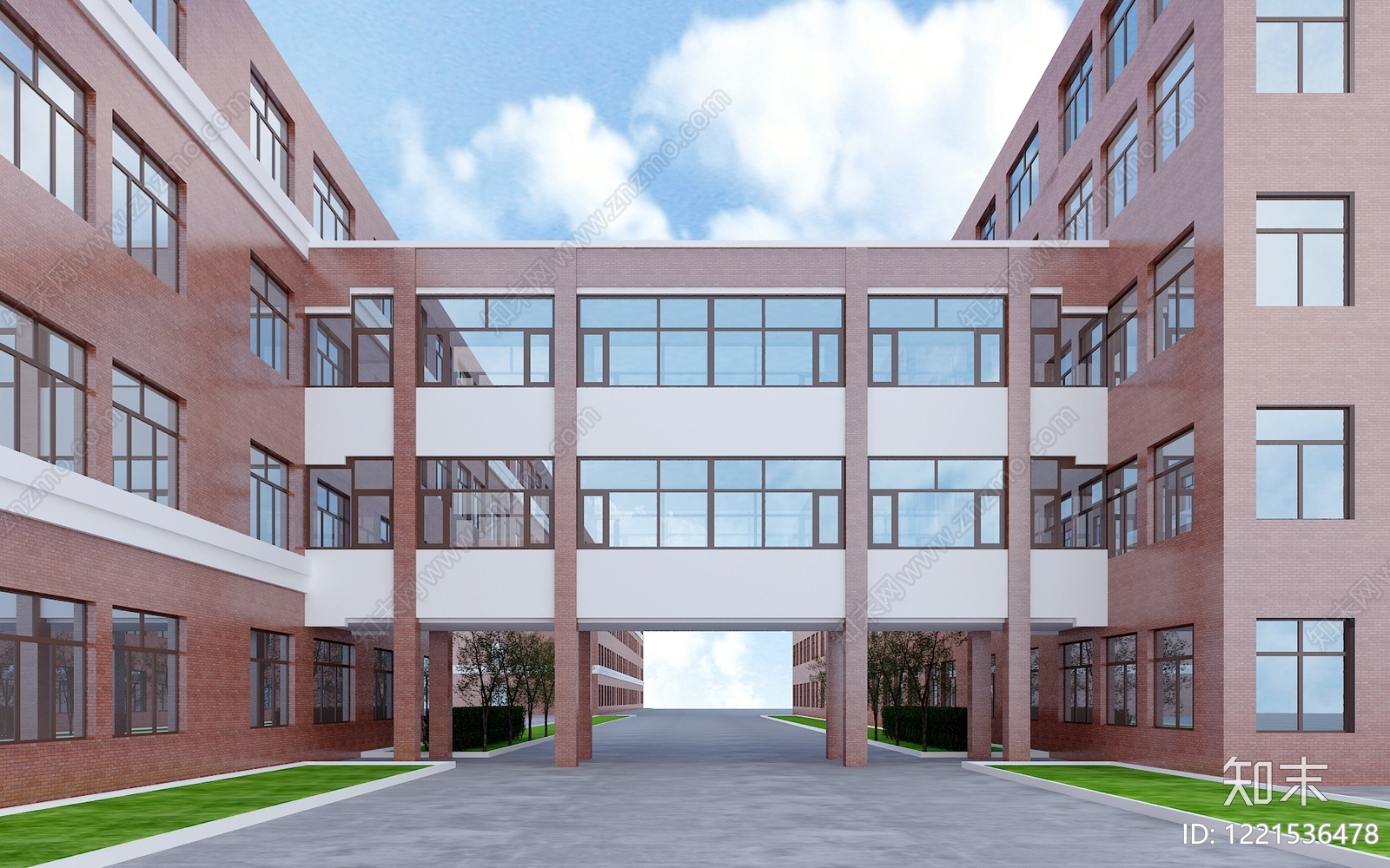 现代主义学校外观3D模型渲染效果图