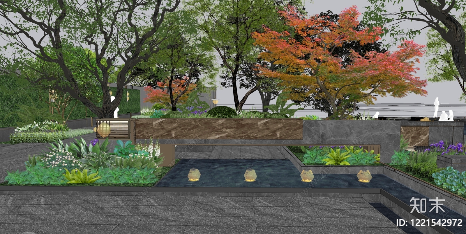 新中式景观别墅庭院SU模型下载【ID:1221542972】