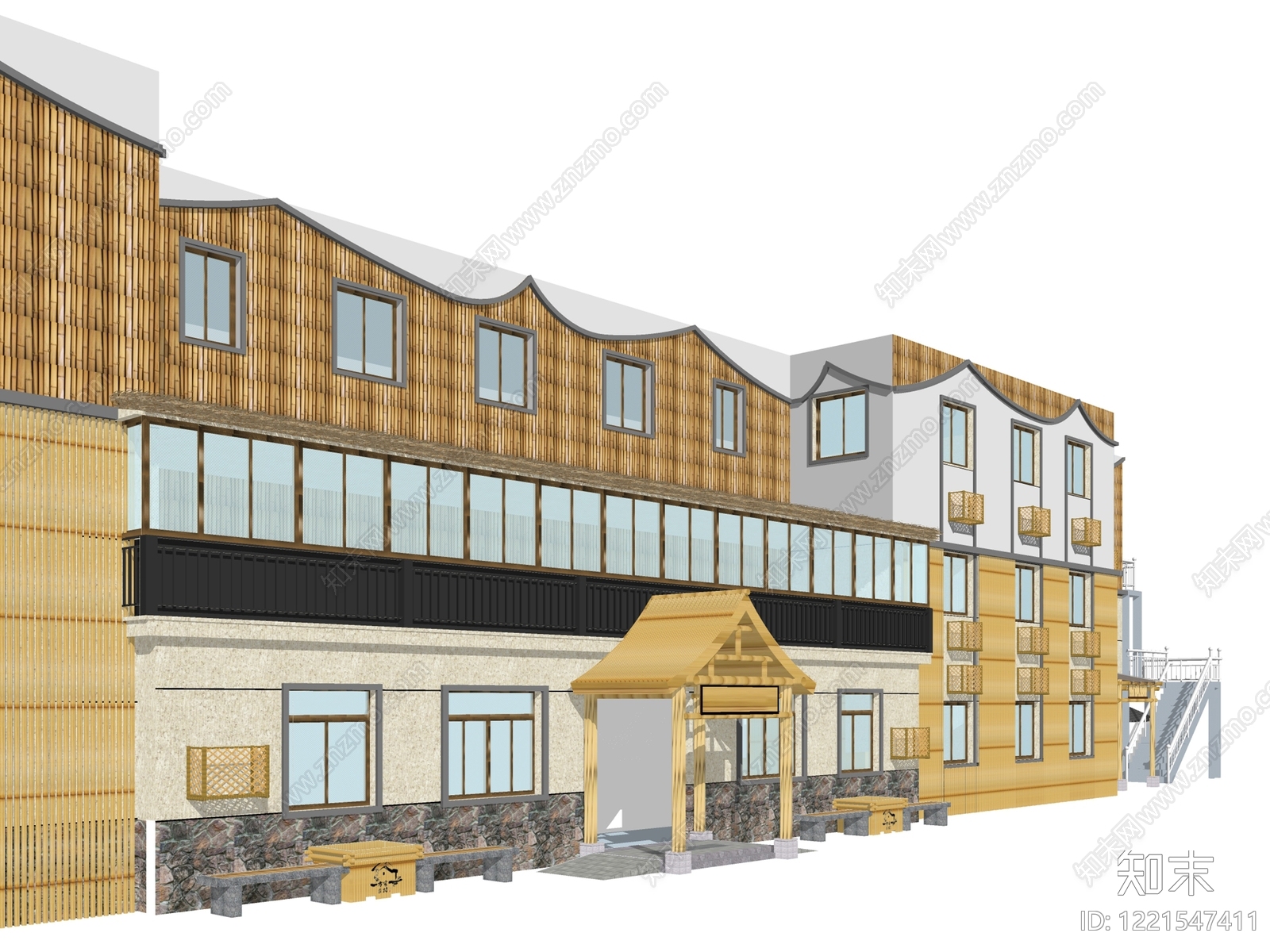 新中式民宿建筑SU模型下载【ID:1221547411】