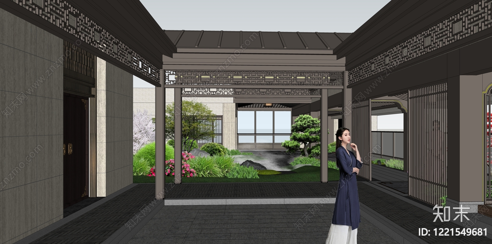 新中式别墅庭院SU模型下载【ID:1221549681】