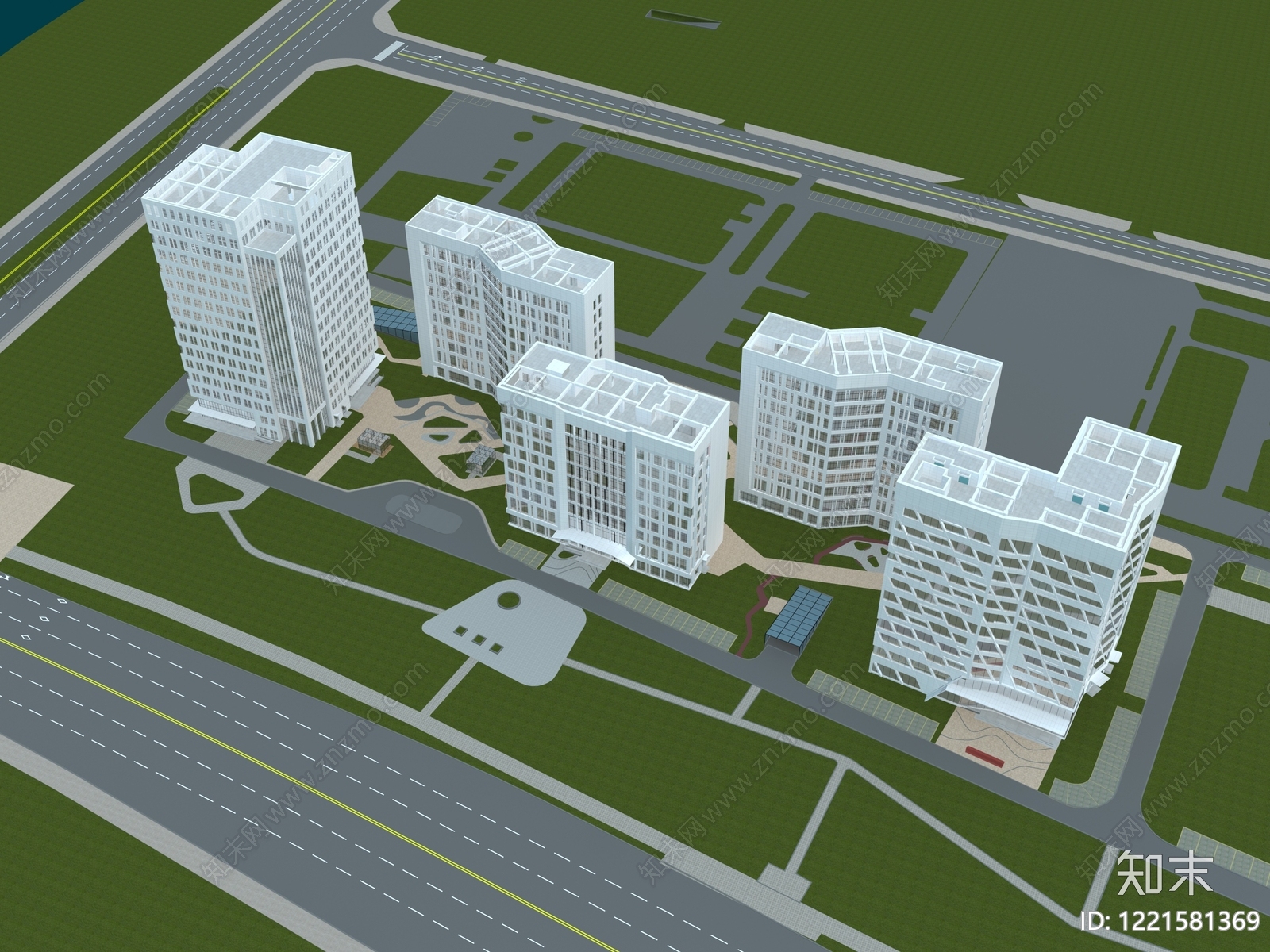 现代主义产业园办公楼3D模型下载【ID:1221581369】