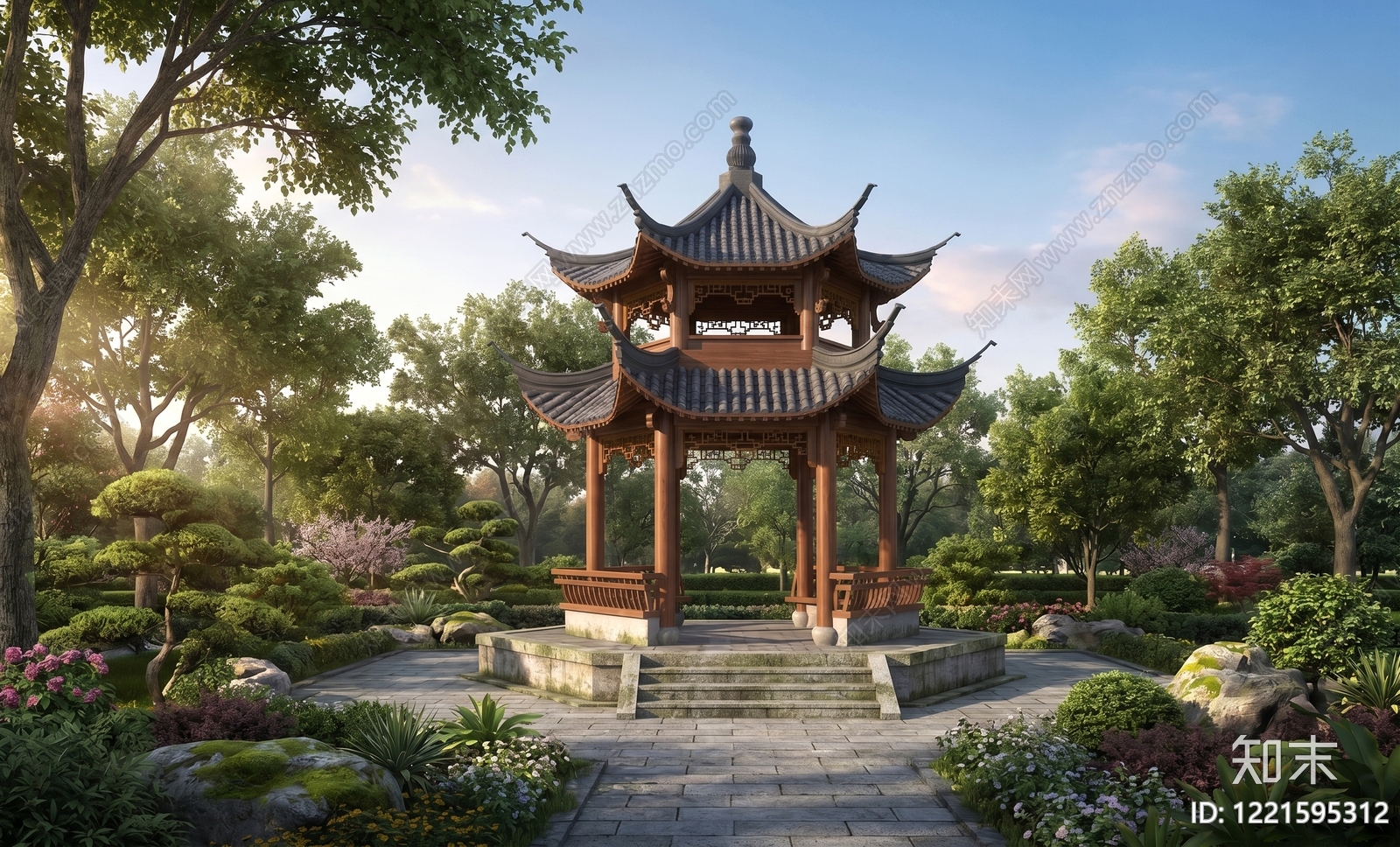 中式古建景观亭3D模型渲染效果图