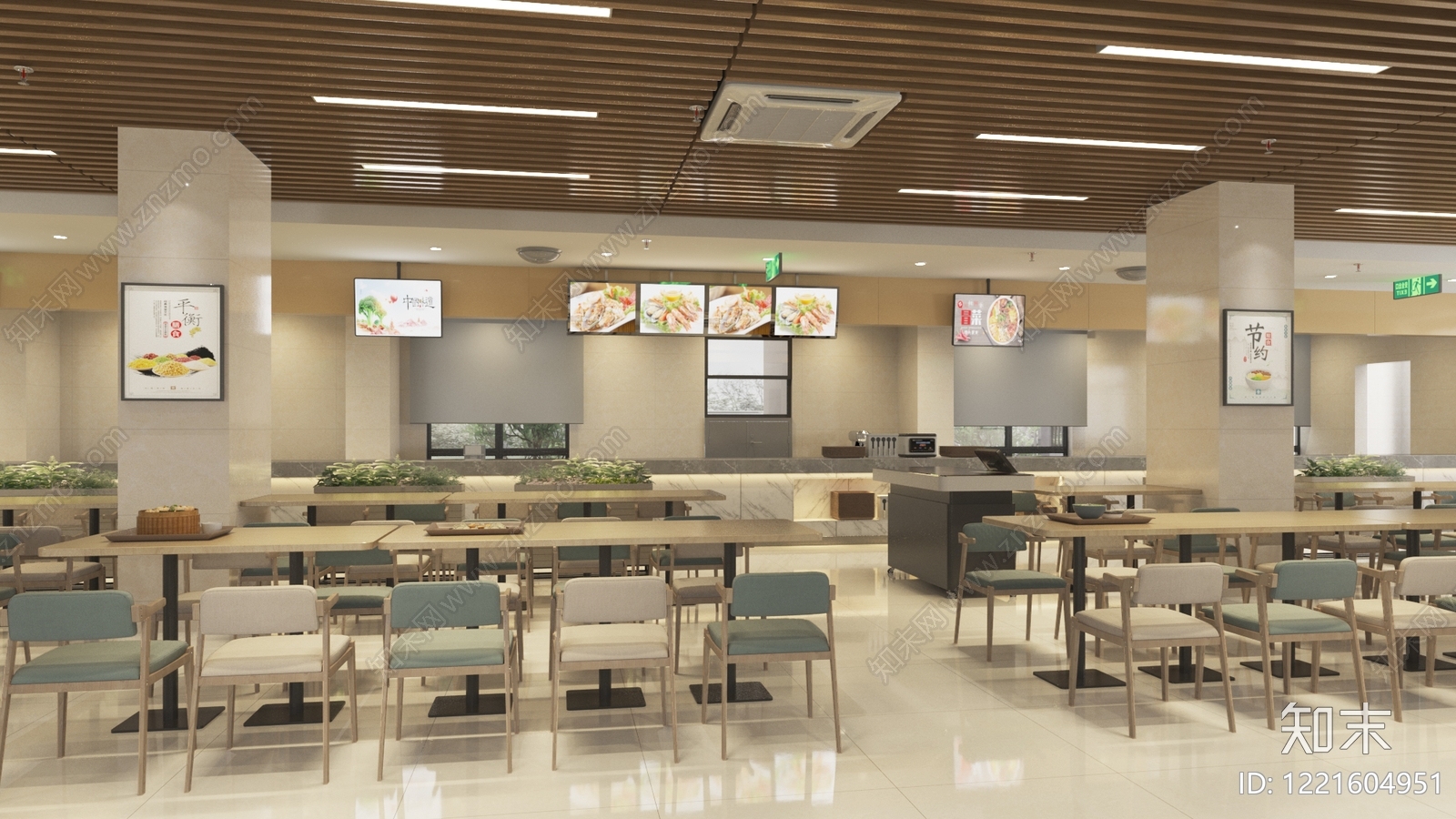 现代简约学生食堂3D模型渲染效果图