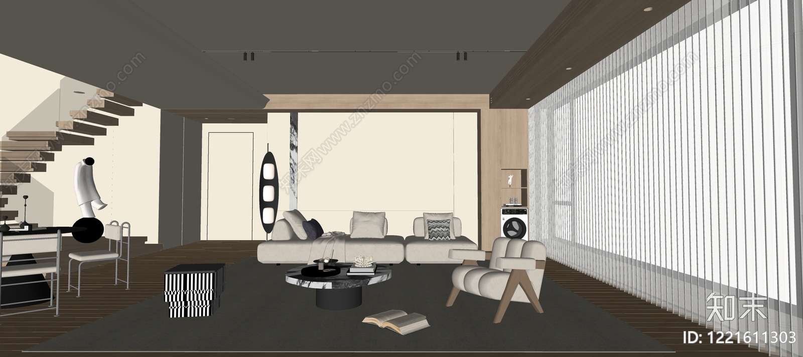奶油风家居客厅SU模型下载【ID:1221611303】
