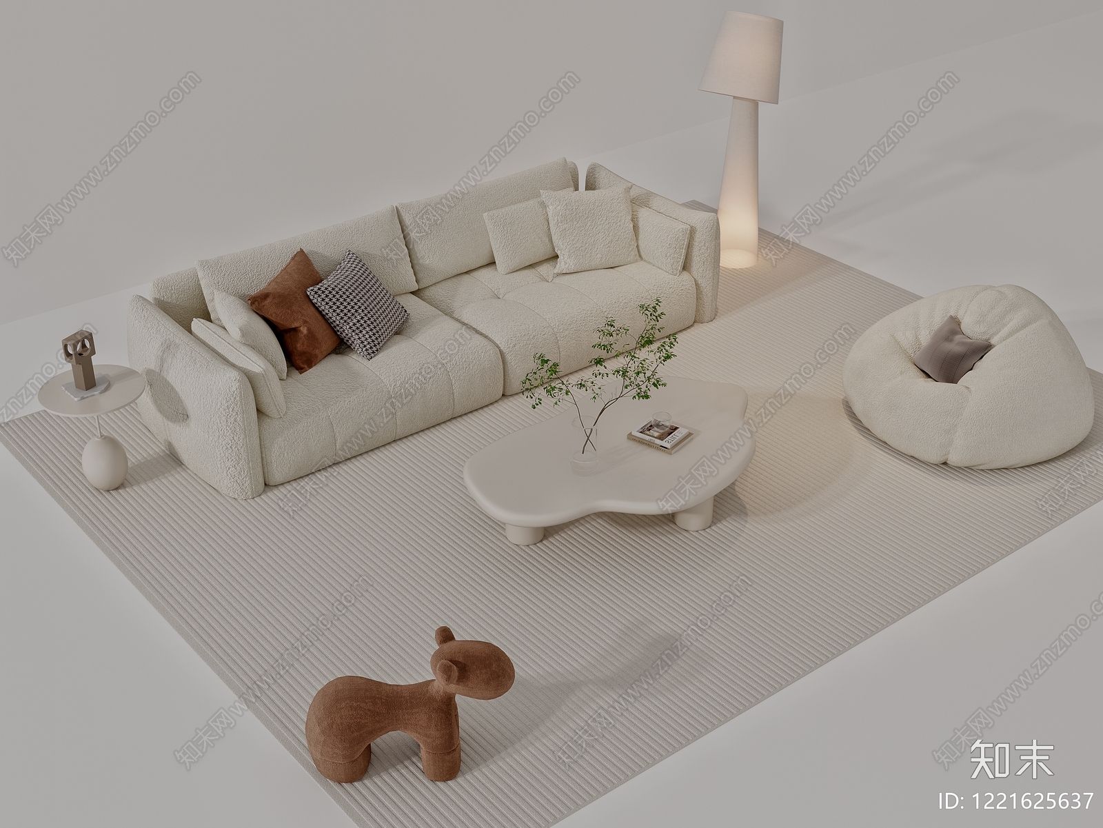 奶油风沙发组合3D模型渲染效果图