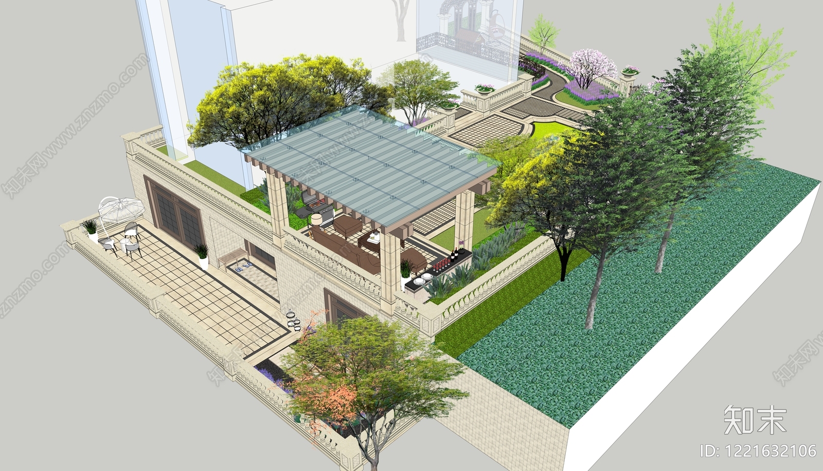 欧式别墅庭院SU模型下载【ID:1221632106】