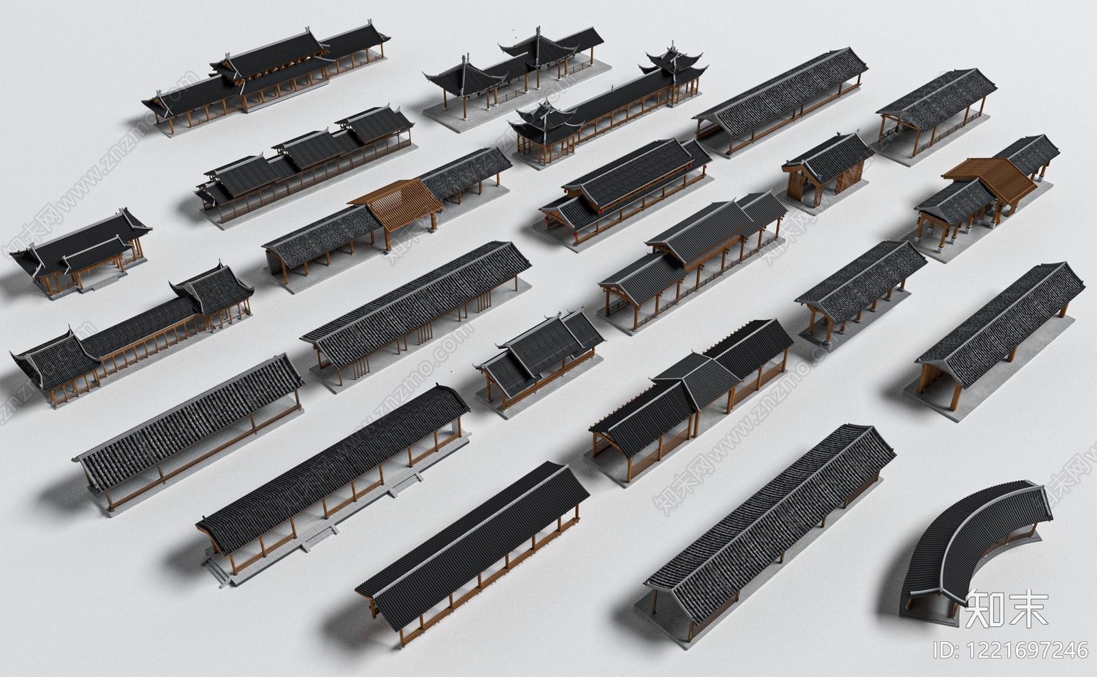 中式古建景观廊道3D模型渲染效果图