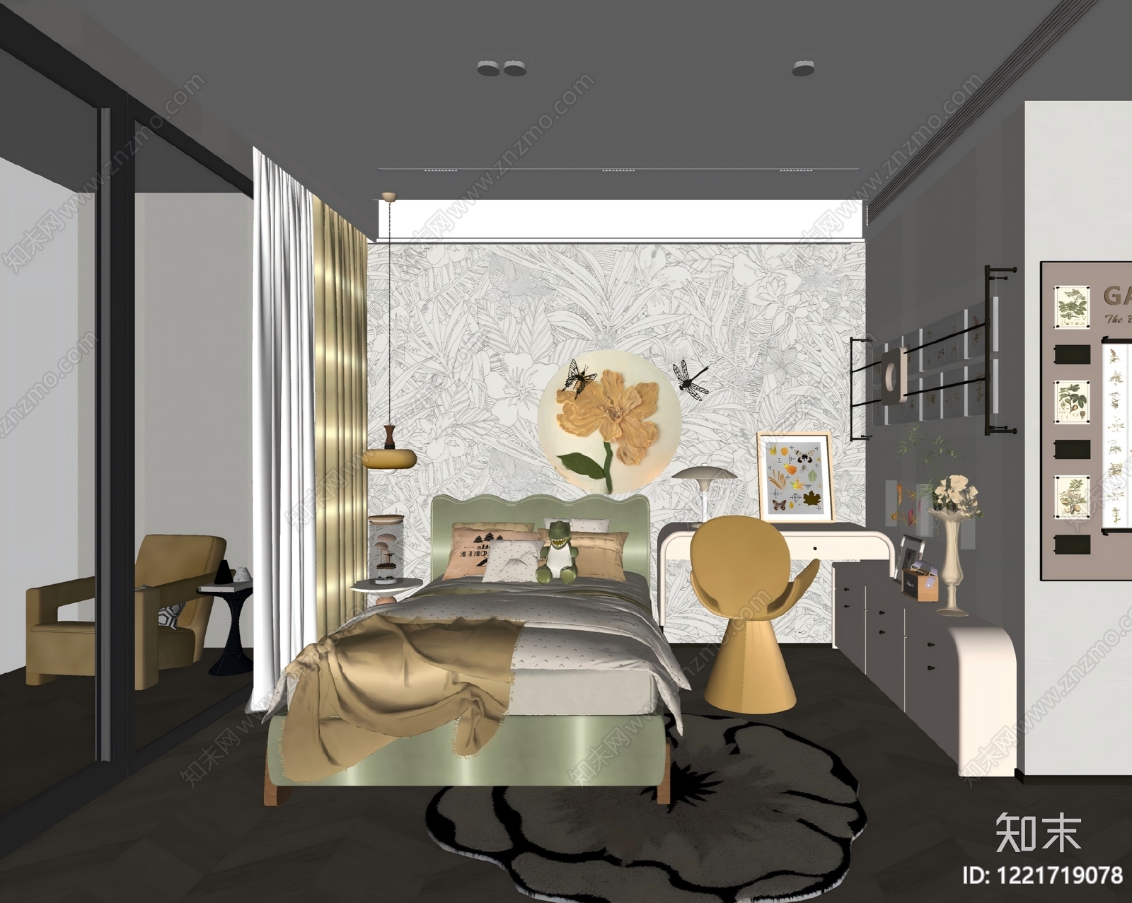 奶油风通用儿童房SU模型下载【ID:1221719078】