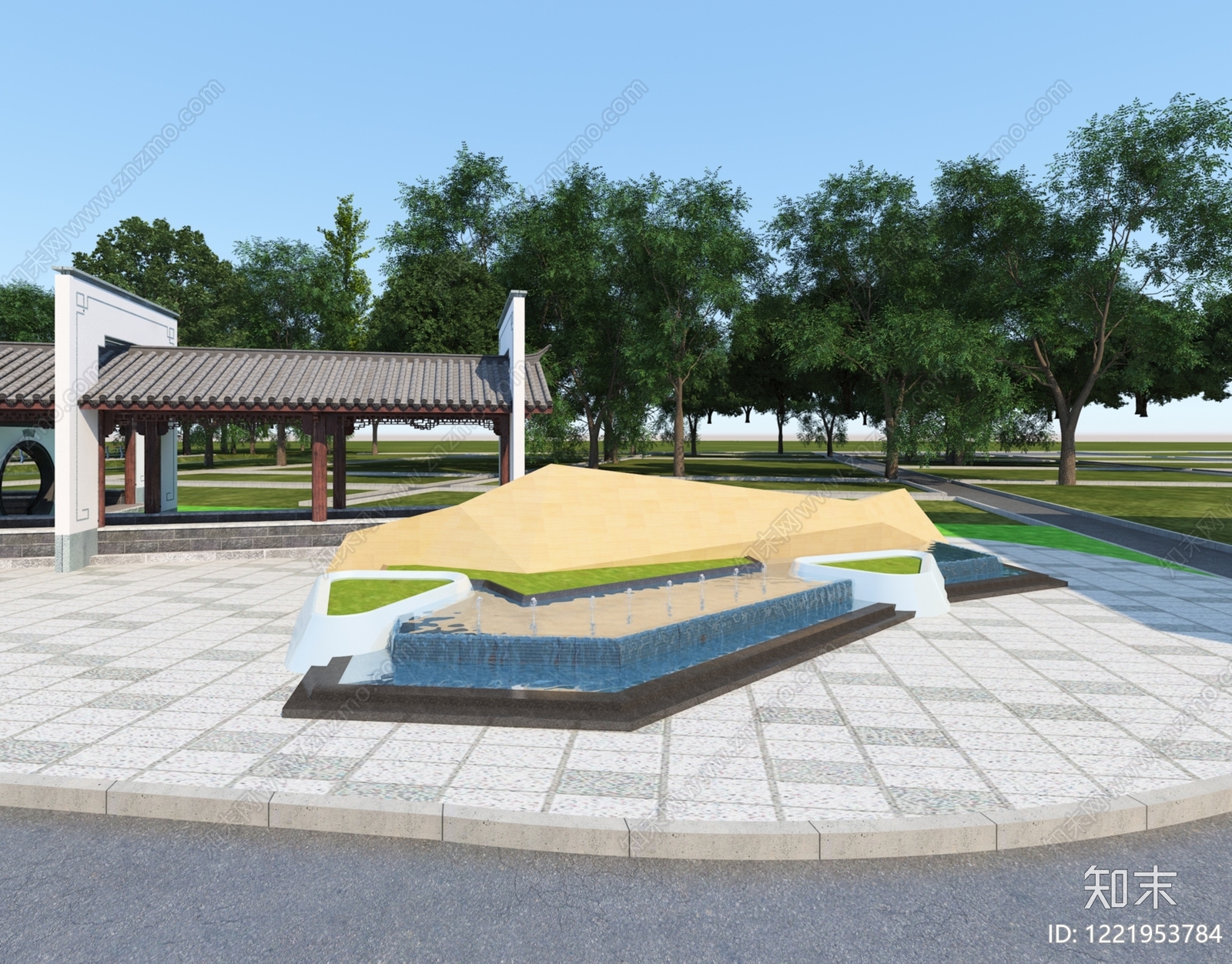 新中式景观喷泉3D模型渲染效果图
