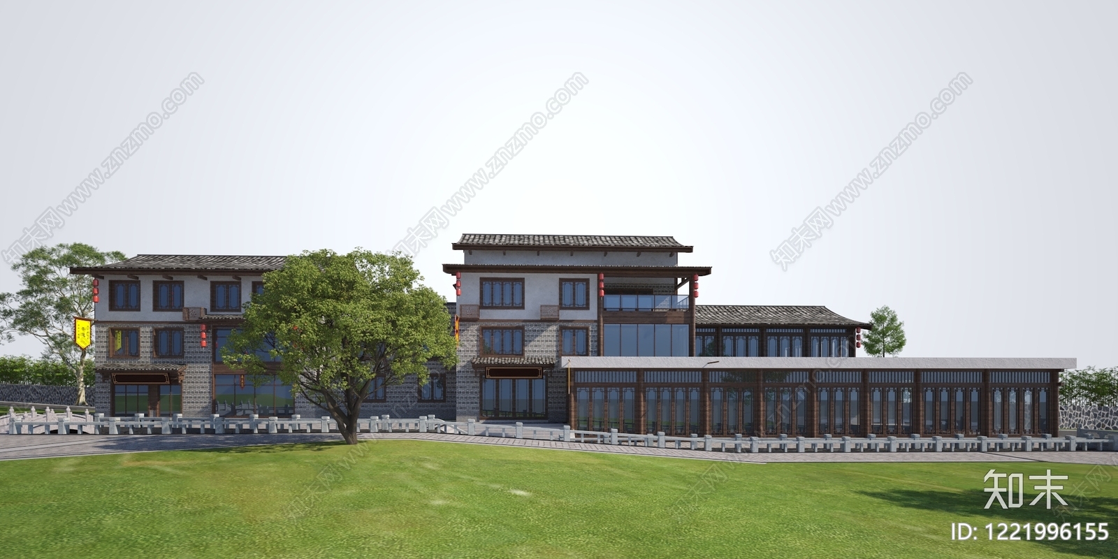 中式古建餐饮建筑3D模型渲染效果图
