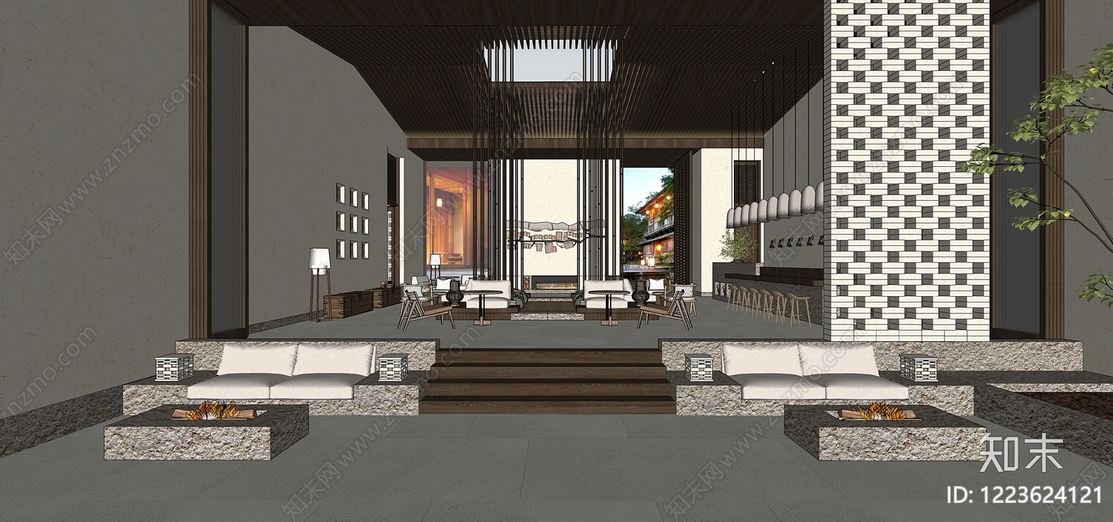 新中式酒店大堂SU模型下载【ID:1223624121】