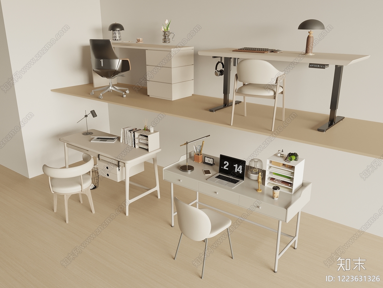 奶油风书桌椅3D模型下载【ID:1223631326】
