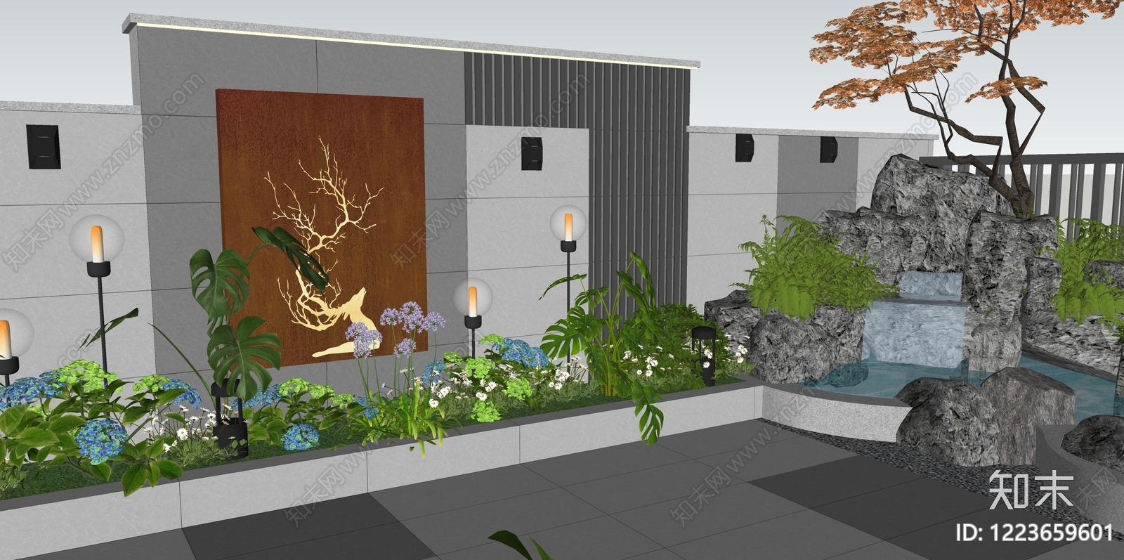 新中式屋顶花园SU模型下载【ID:1223659601】