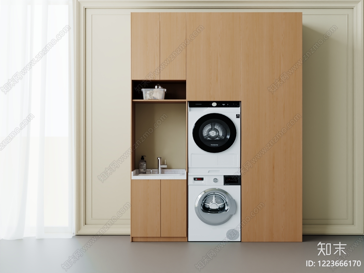 原木风洗衣机柜SU模型下载【ID:1223666170】