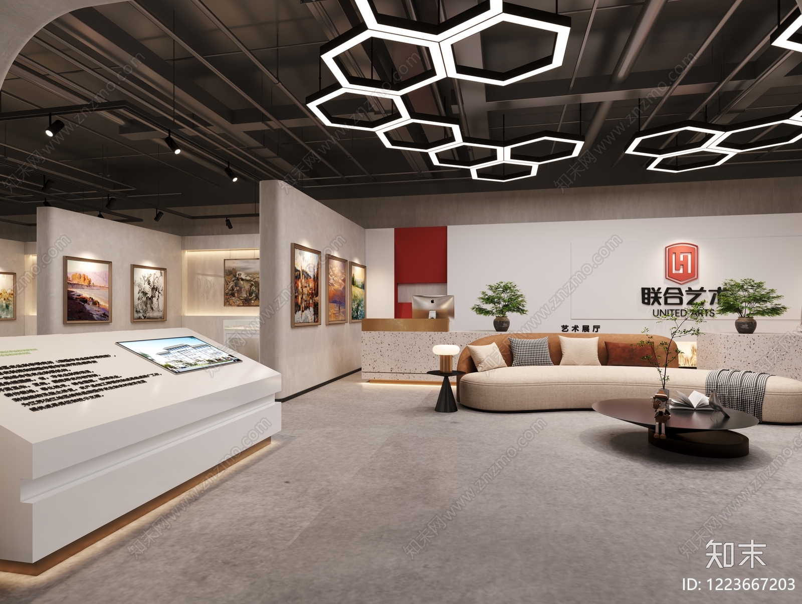 现代简约艺术展厅3D模型渲染效果图