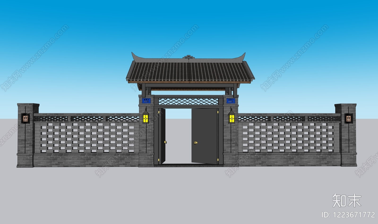 中式古建入口大门SU模型下载【ID:1223671772】