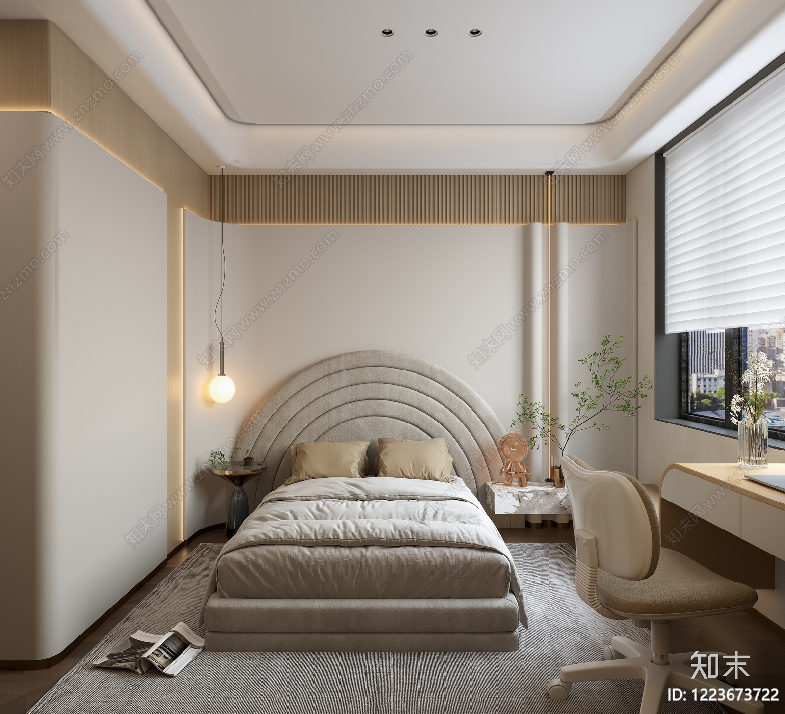 奶油风家居卧室3D模型渲染效果图