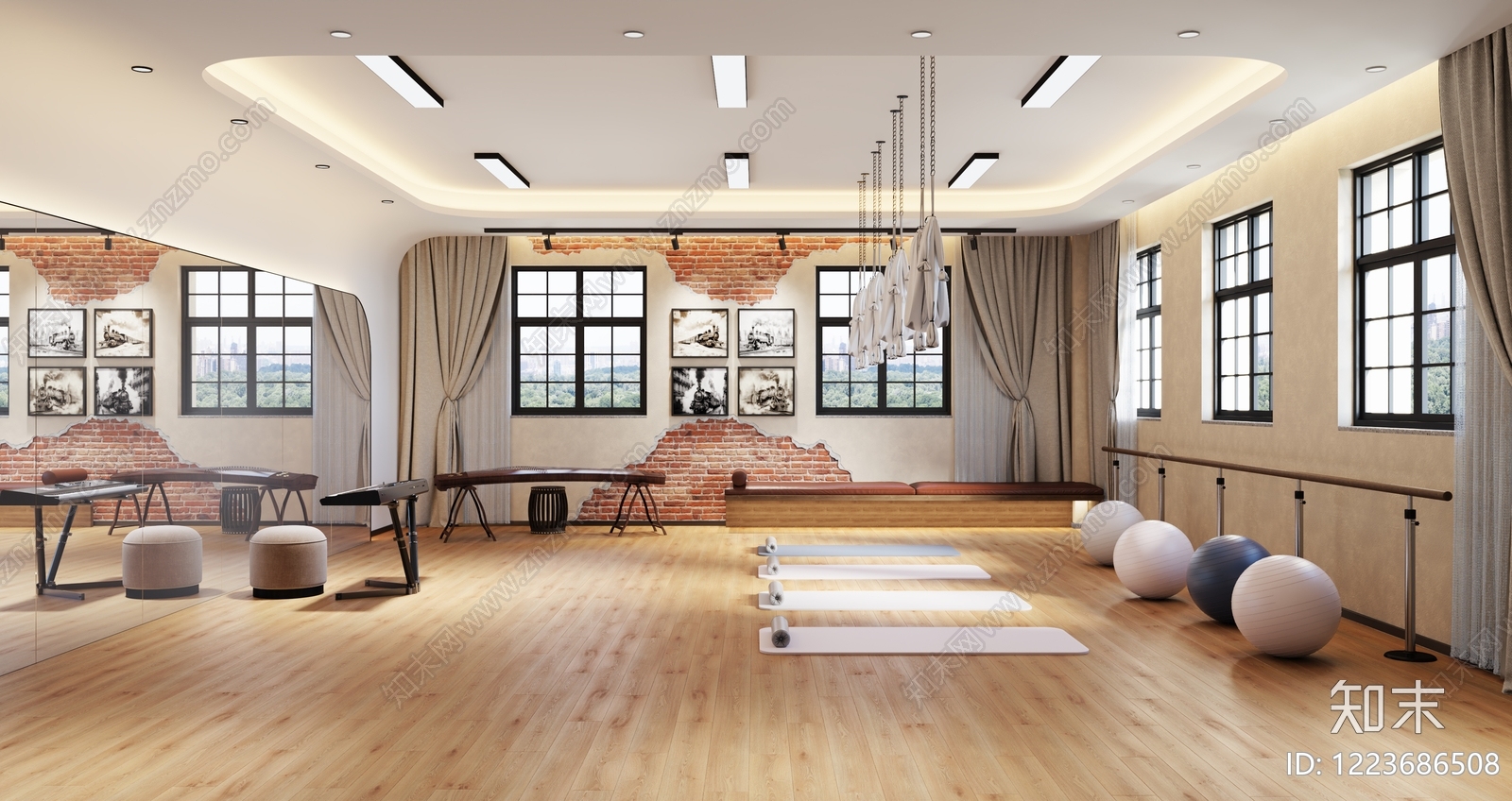 复古工业风瑜伽室3D模型下载【ID:1223686508】