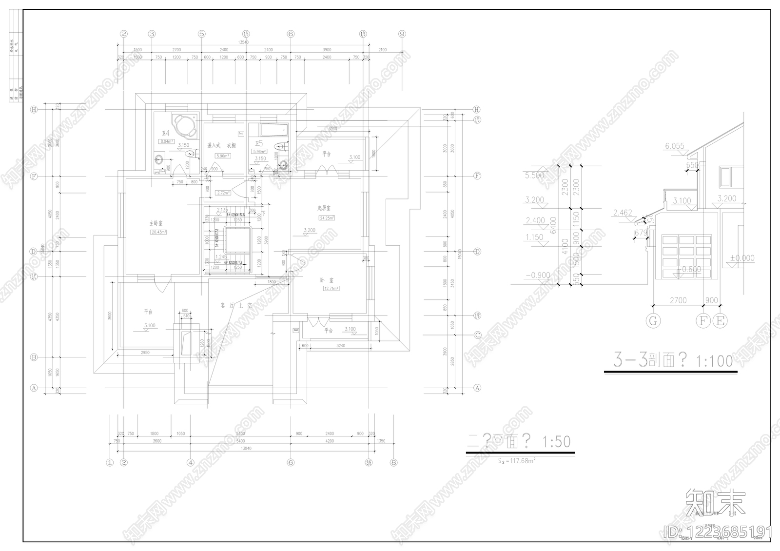 别墅建筑cad施工图下载【ID:1223685191】