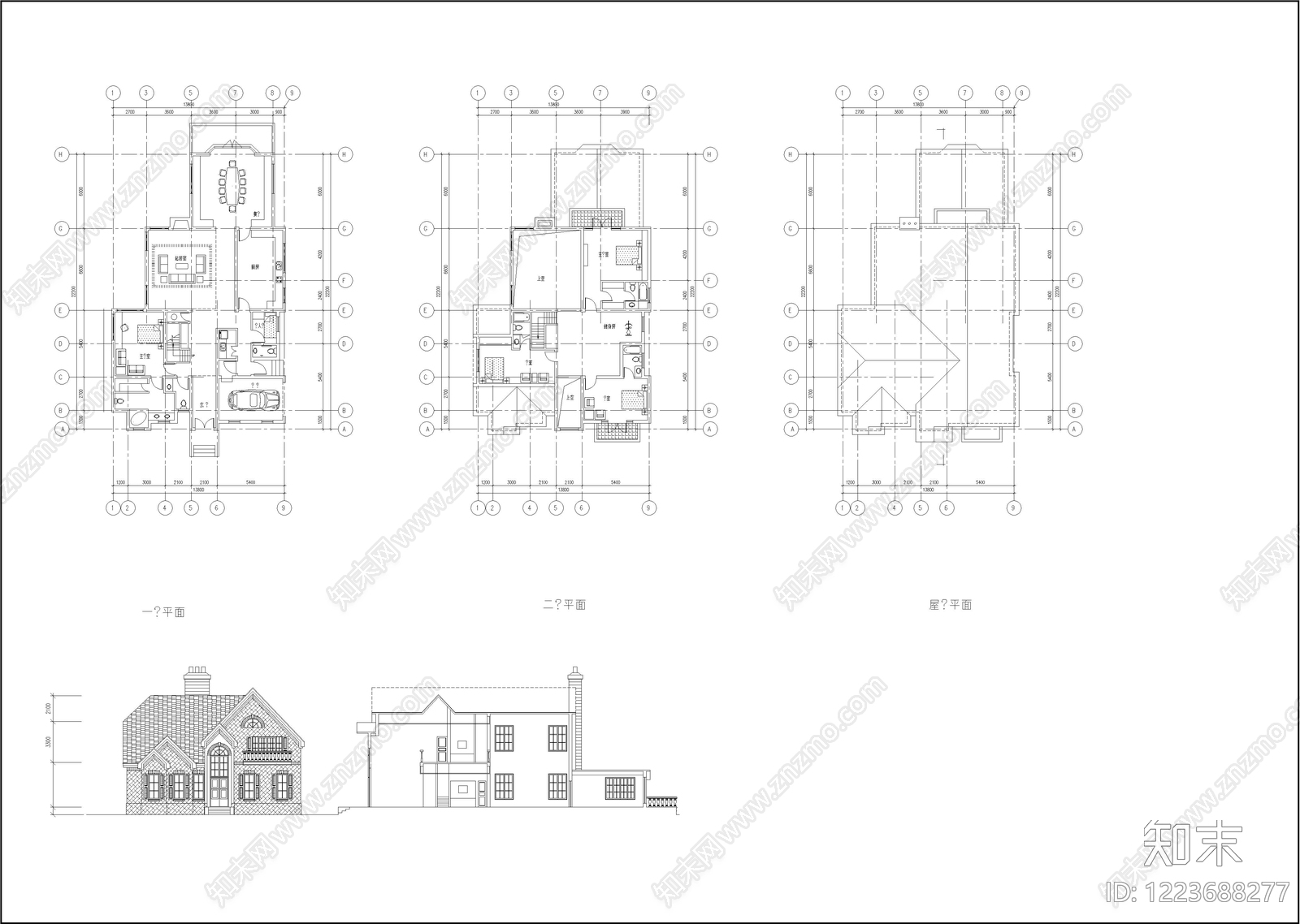 别墅建筑cad施工图下载【ID:1223688277】