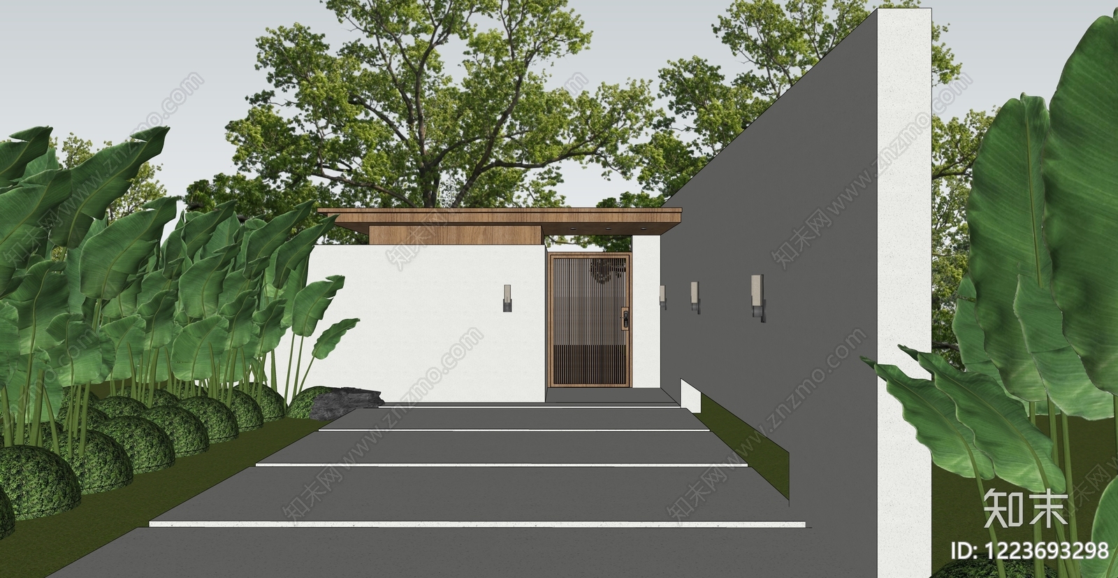 新中式景观入口大门SU模型下载【ID:1223693298】