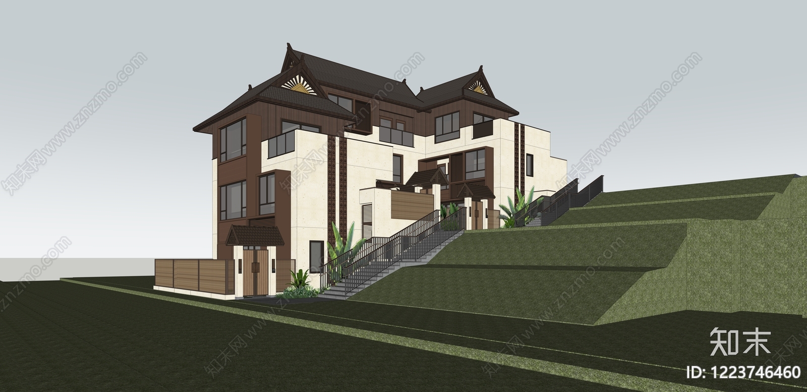 新中式联排别墅SU模型下载【ID:1223746460】